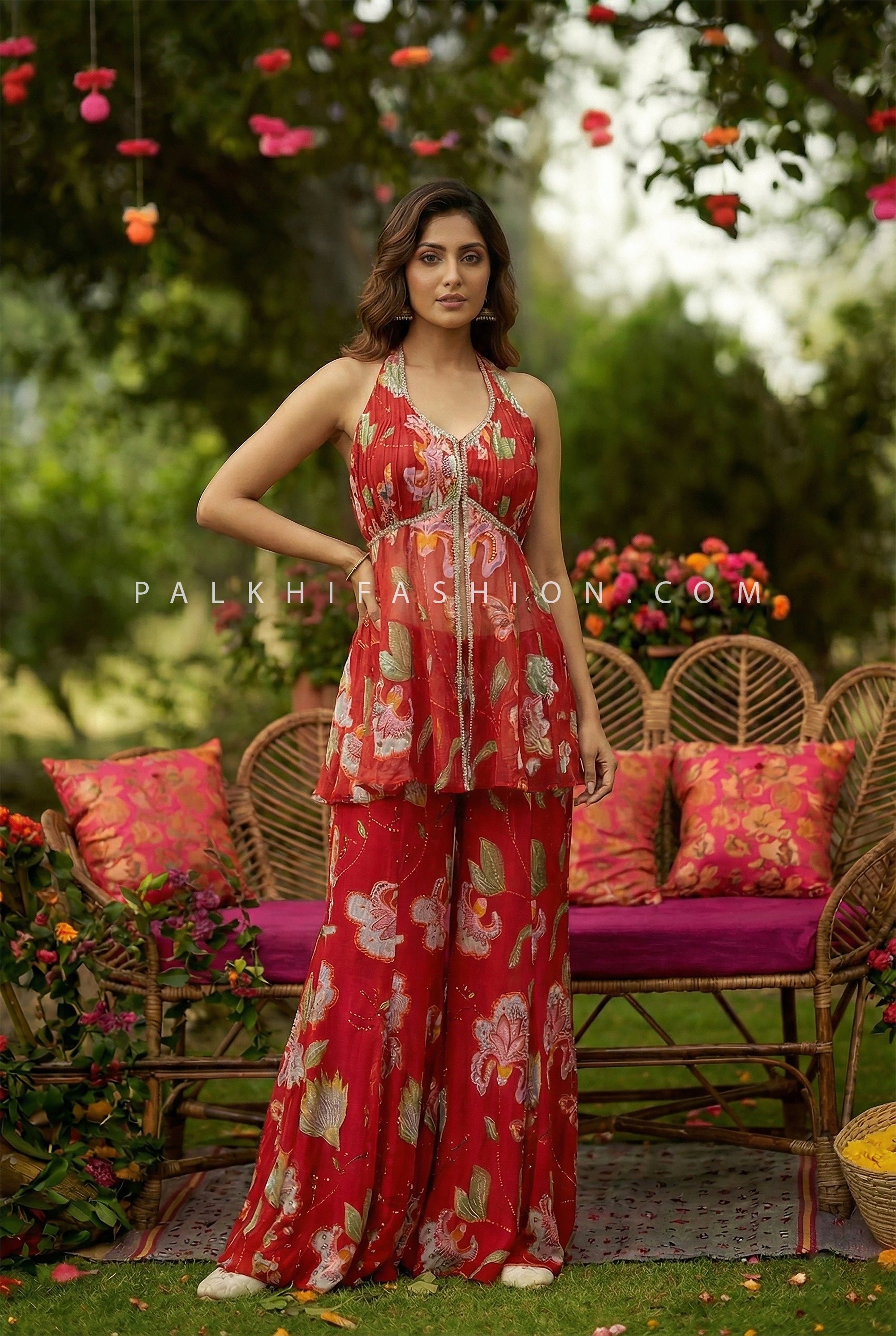 Scarlet Bloom Red Floral Halter Palazzo Set – Designer Indo Fusion | Palkhi Fashion