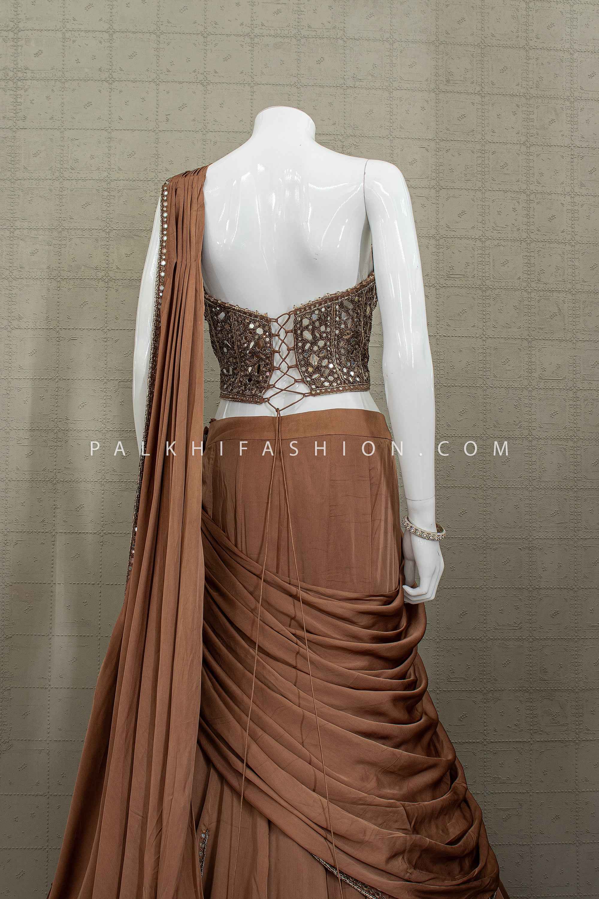 Sculpted Bronze Muse – Mocha Pure Silk Pre-Draped Lehenga Choli – Palkhi Fashion