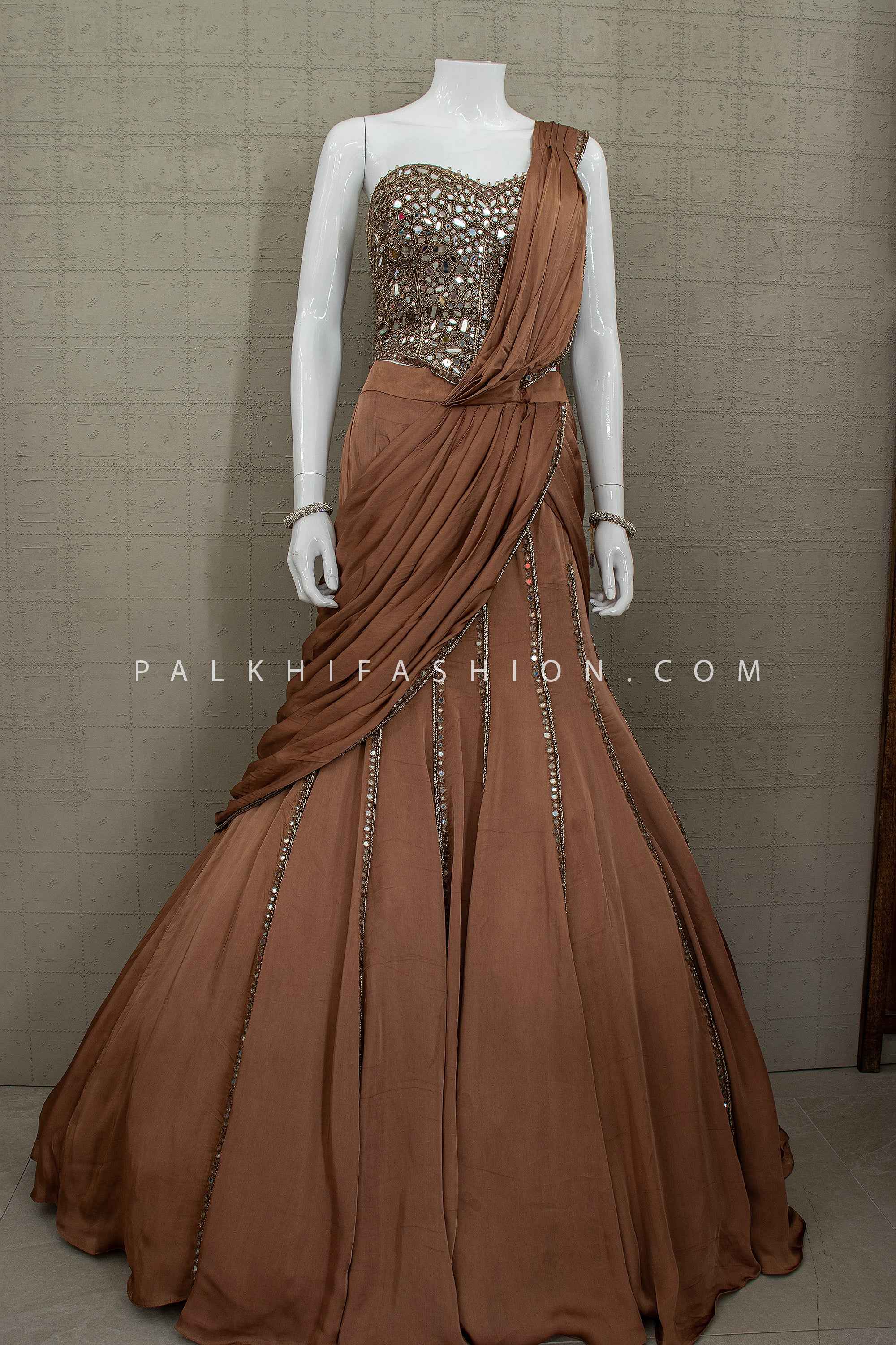 Sculpted Bronze Muse – Mocha Pure Silk Pre-Draped Lehenga Choli – Palkhi Fashion
