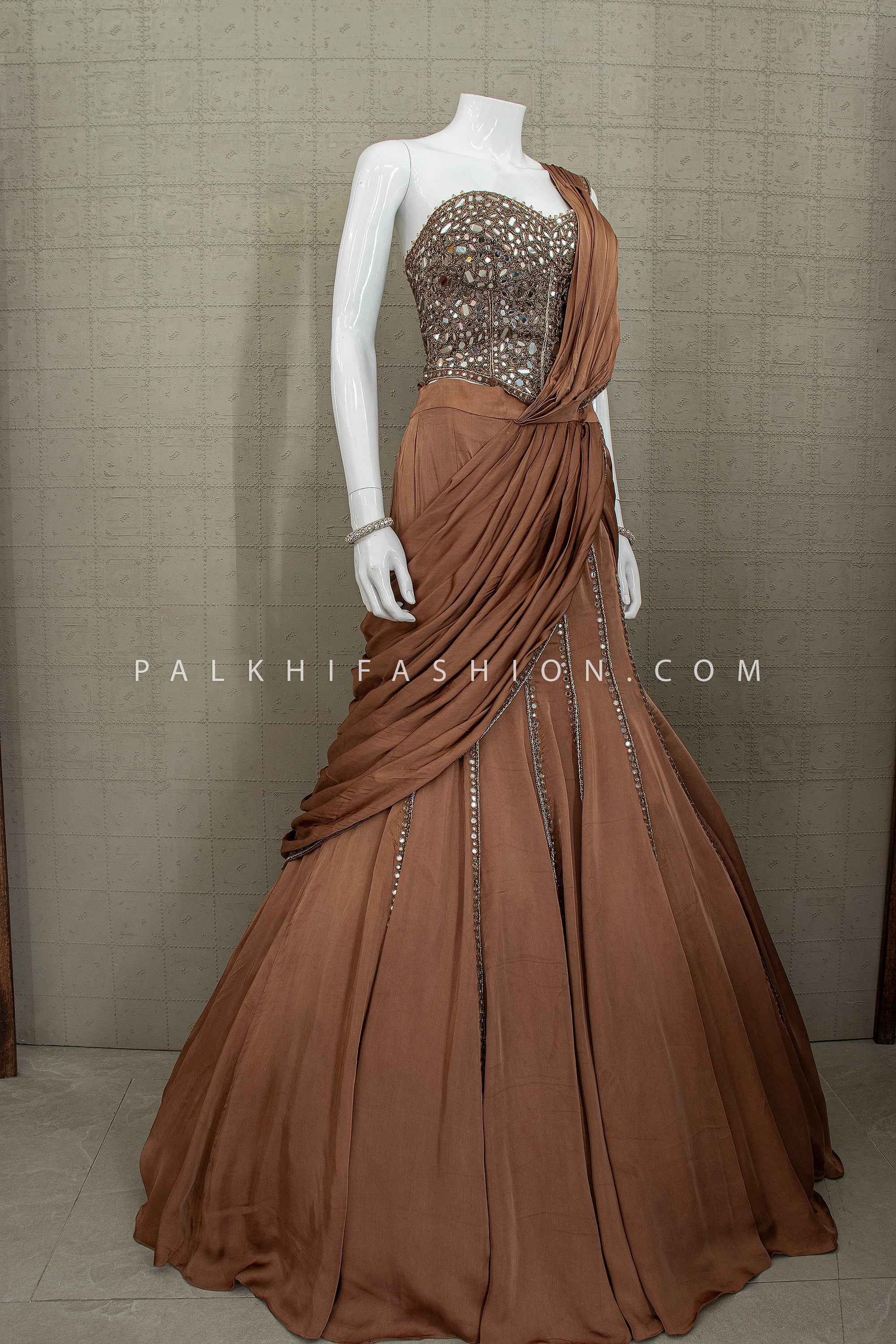 Sculpted Bronze Muse – Mocha Pure Silk Pre-Draped Lehenga Choli – Palkhi Fashion