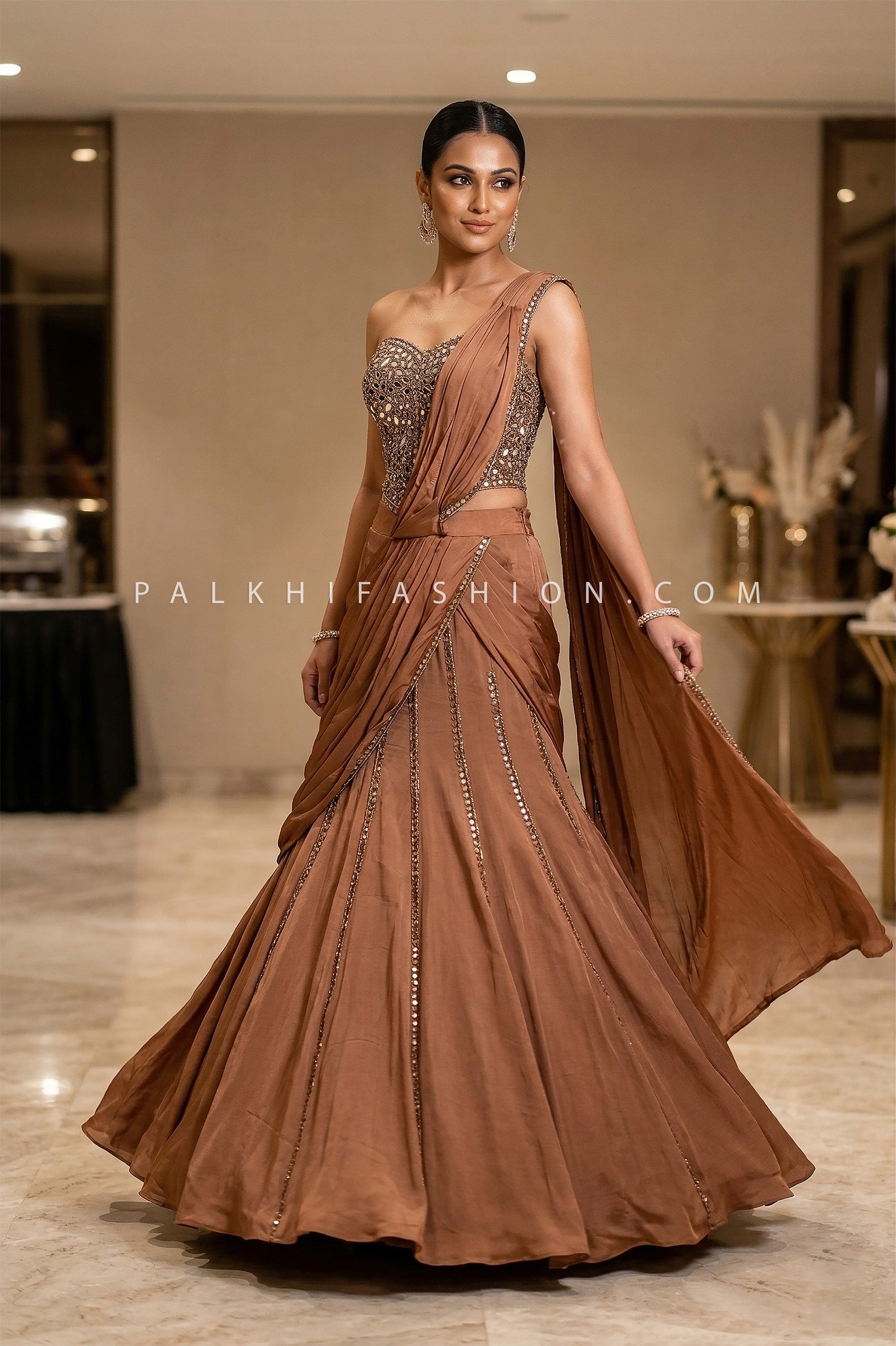 Sculpted Bronze Muse – Mocha Pure Silk Pre-Draped Lehenga Choli – Palkhi Fashion