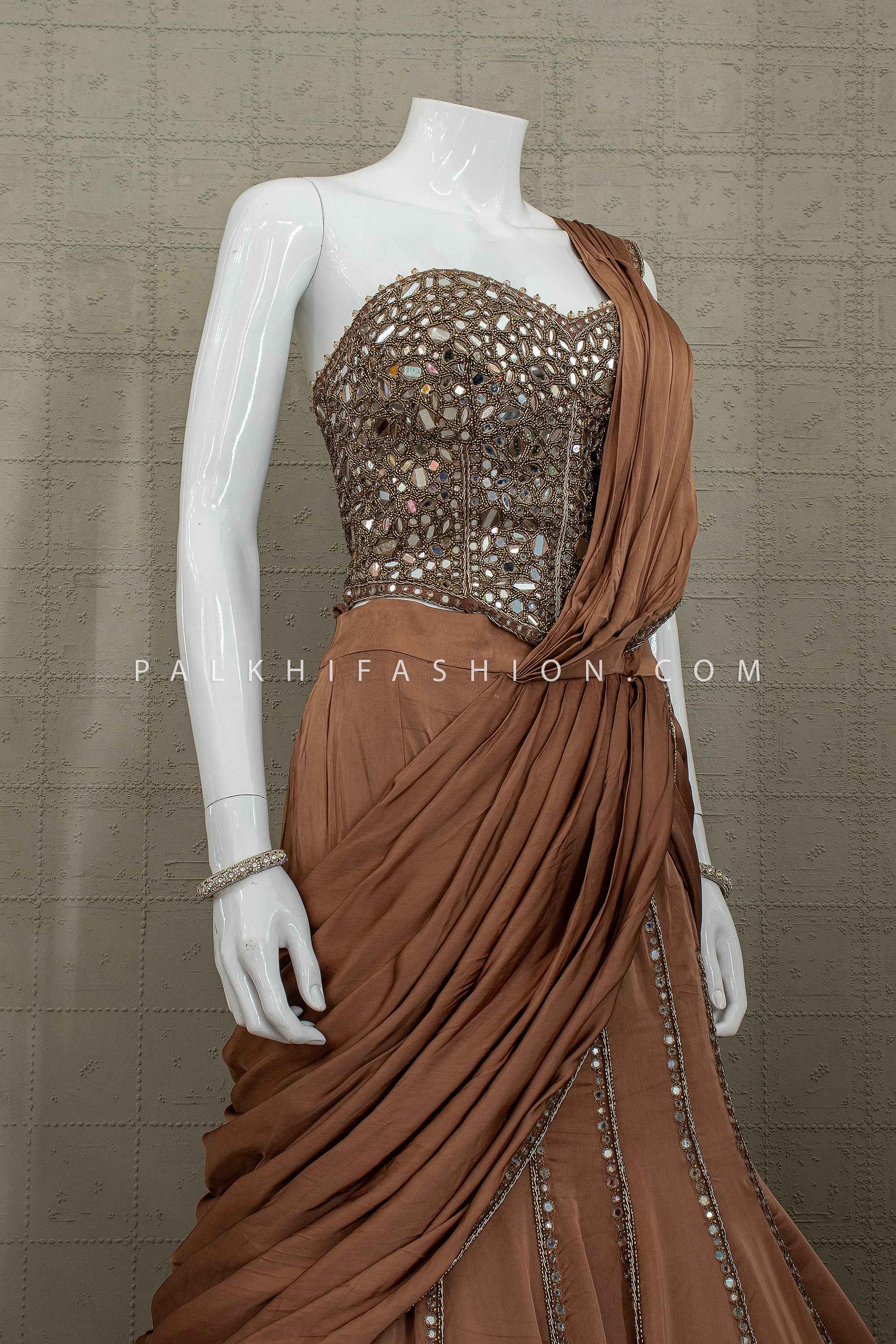 Sculpted Bronze Muse – Mocha Pure Silk Pre-Draped Lehenga Choli – Palkhi Fashion