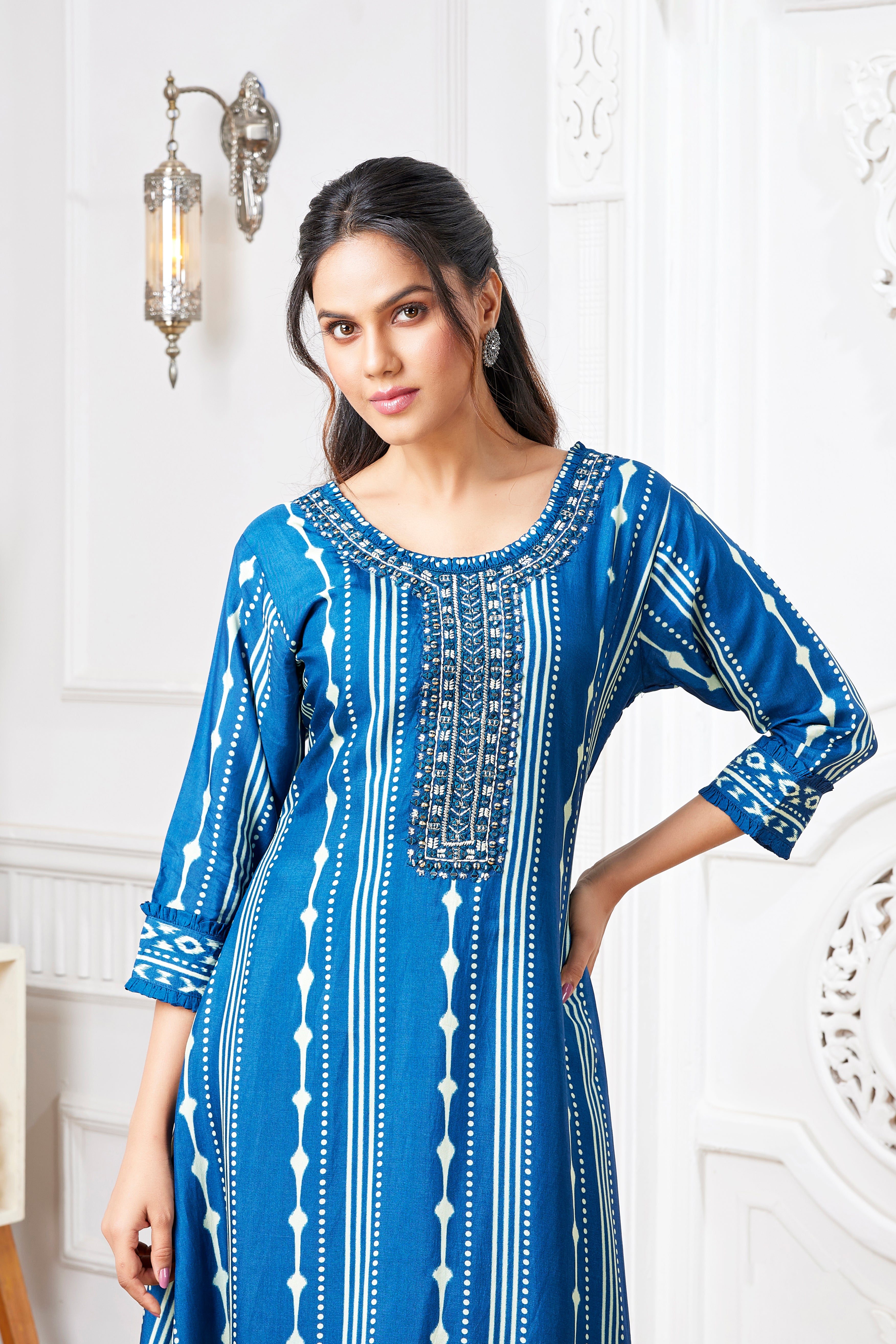 Serene Sophistication: Designer Blue Salwar Kameez with Ikat Embroidery & Mirror Work