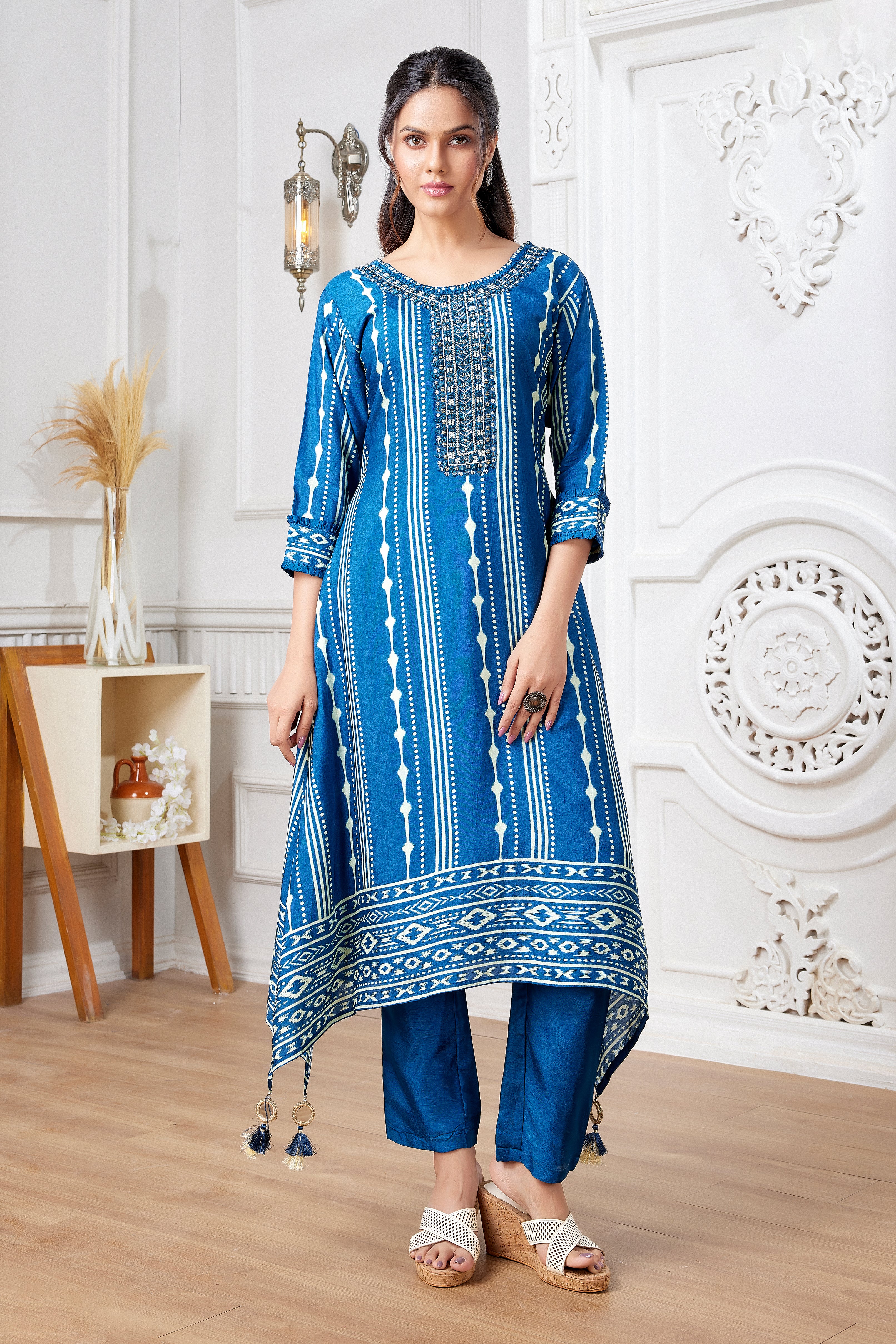 Serene Sophistication: Designer Blue Salwar Kameez with Ikat Embroidery & Mirror Work