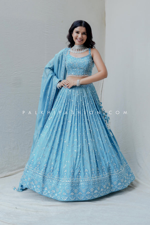 Serene Sophistication: Designer Light Blue Lehenga Choli With Handwork