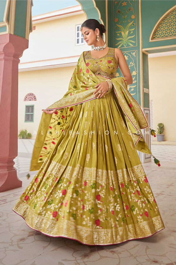 Silk Silhouettes: Olive Yellow Banarasi Anarkali Suit - Palkhi Fashion