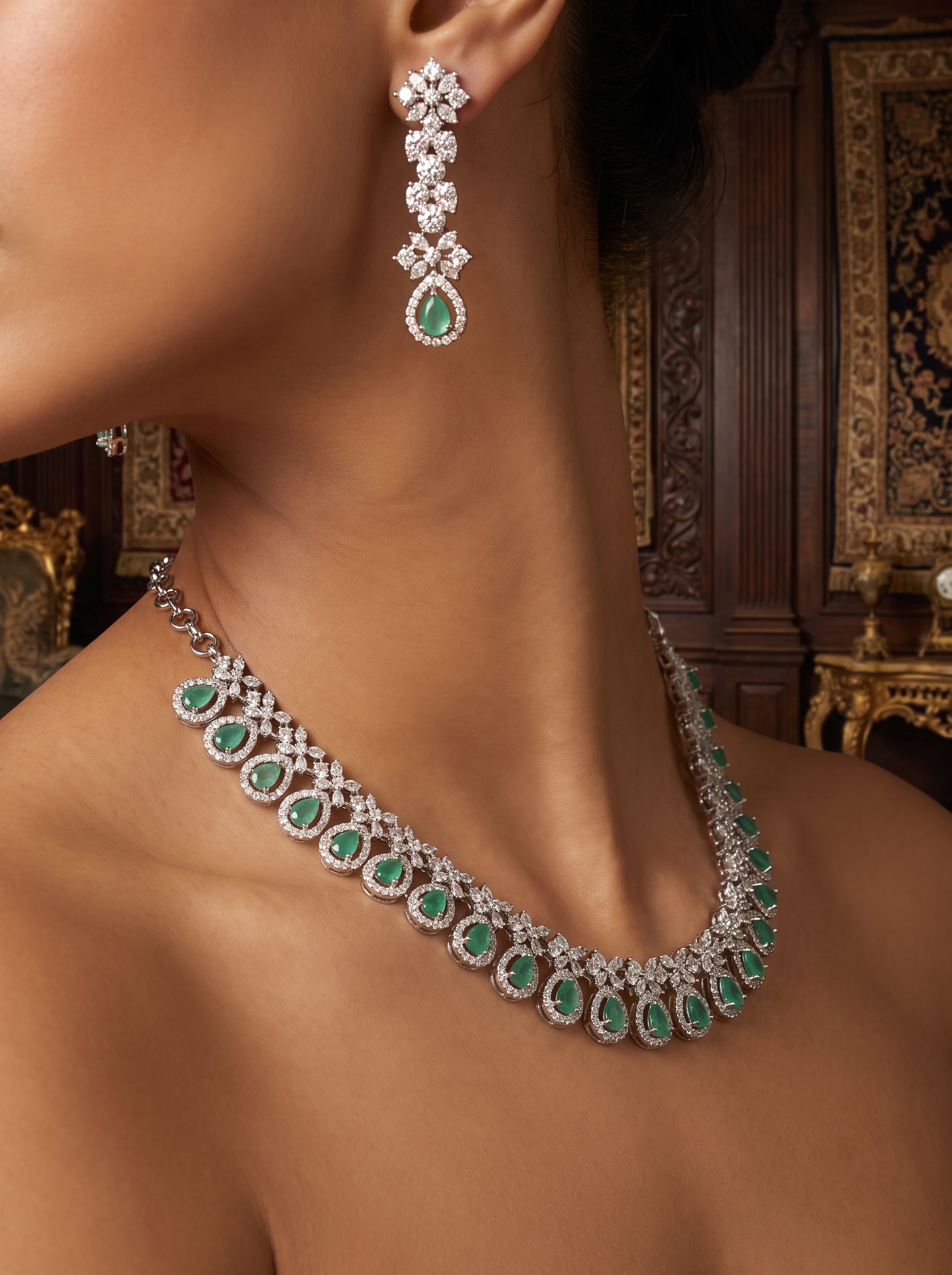Exquisite Silver Emerald Diamond Necklace Set | Palkhi Fashion