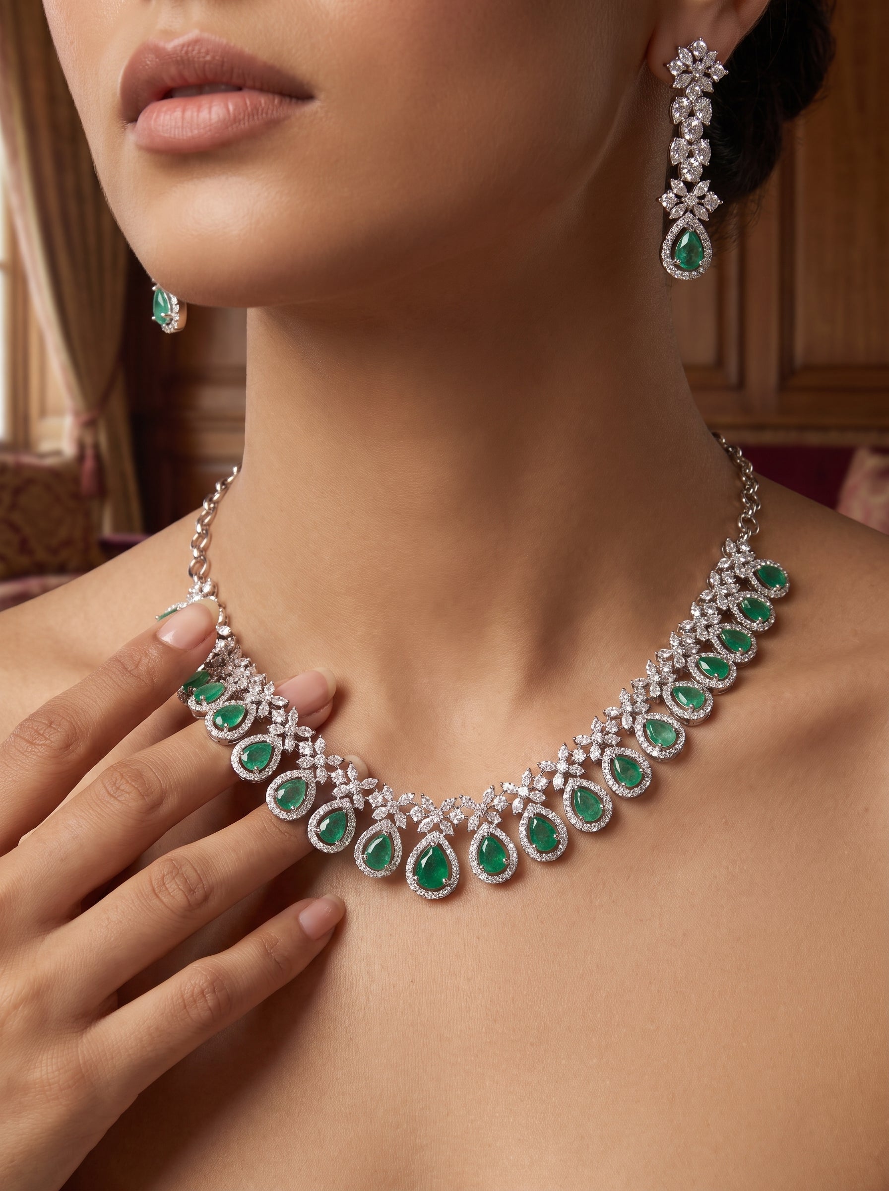 Exquisite Silver Emerald Diamond Necklace Set | Palkhi Fashion