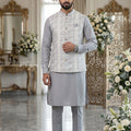 Silver Mist Prestige - Ice Grey Embroidered Jacket Kurta Set for Men | Palkhi Fashion
