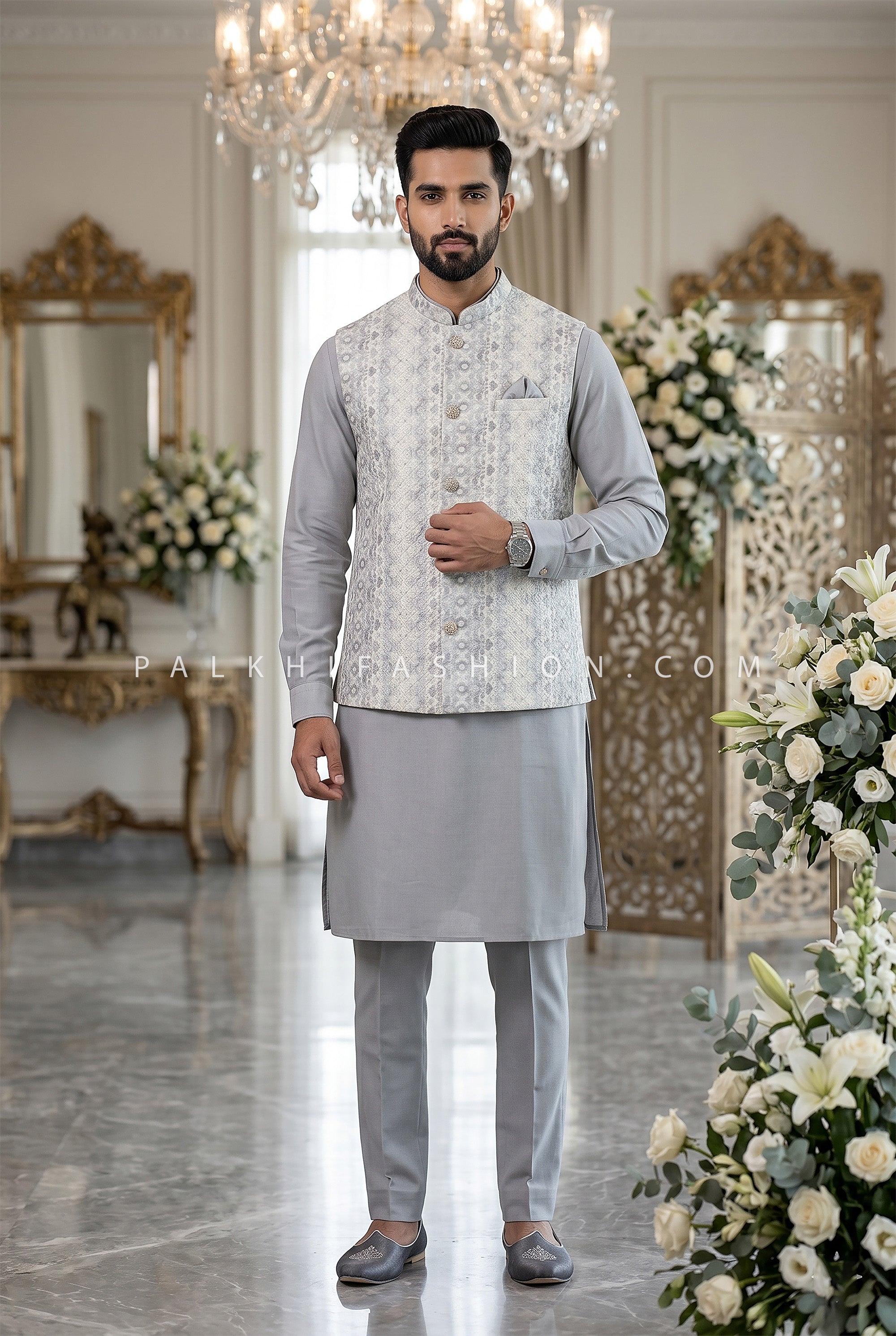 Silver Mist Prestige - Ice Grey Embroidered Jacket Kurta Set for Men | Palkhi Fashion