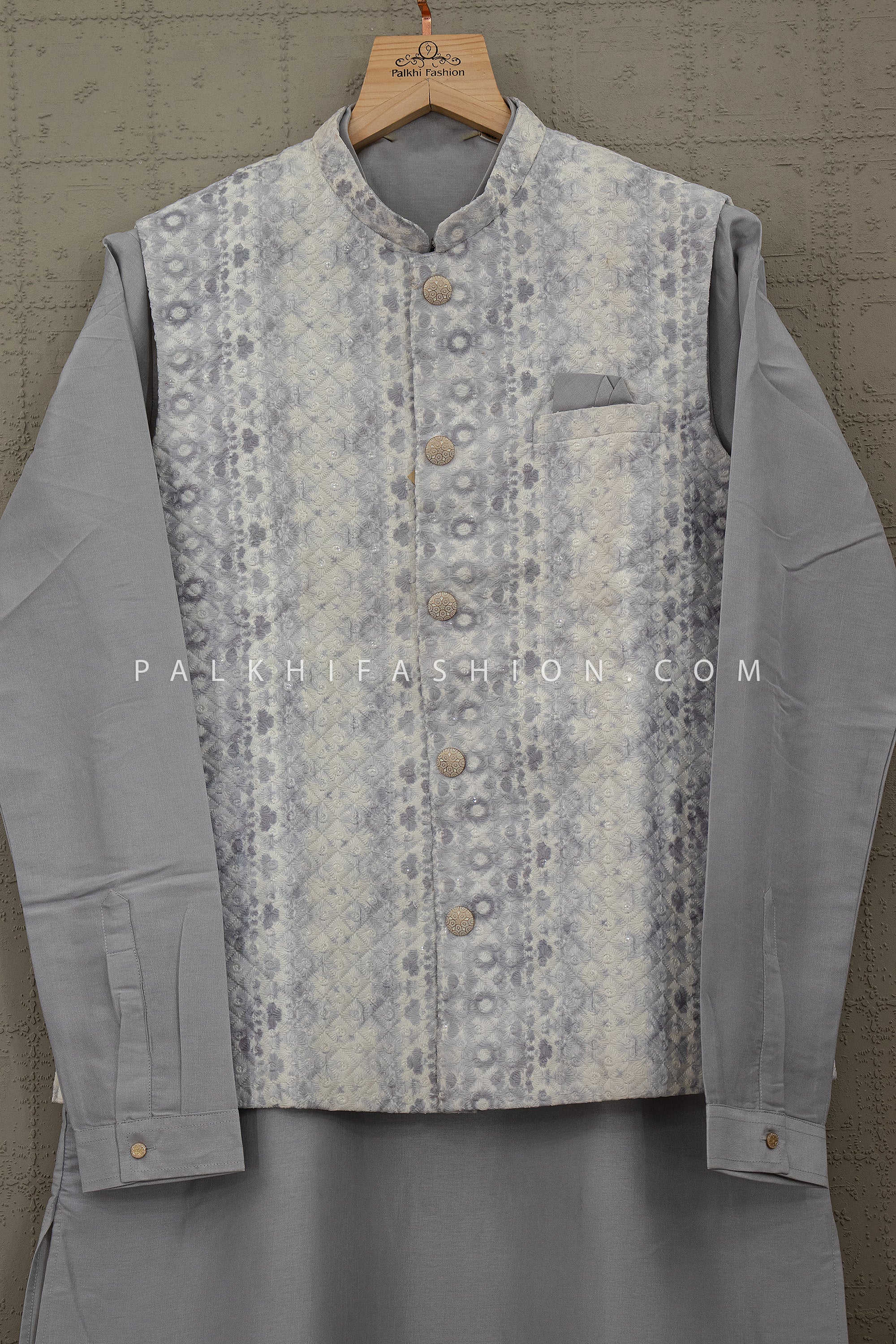Silver Mist Prestige - Ice Grey Embroidered Jacket Kurta Set for Men | Palkhi Fashion