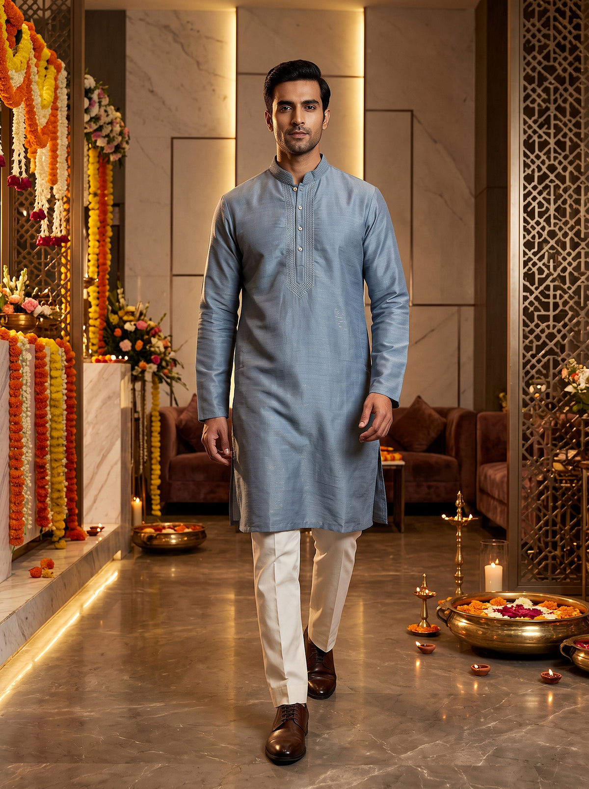 Subtle Elegance | Slate Blue Embroidered Cotton Silk Kurta Set | Palkhi Fashion
