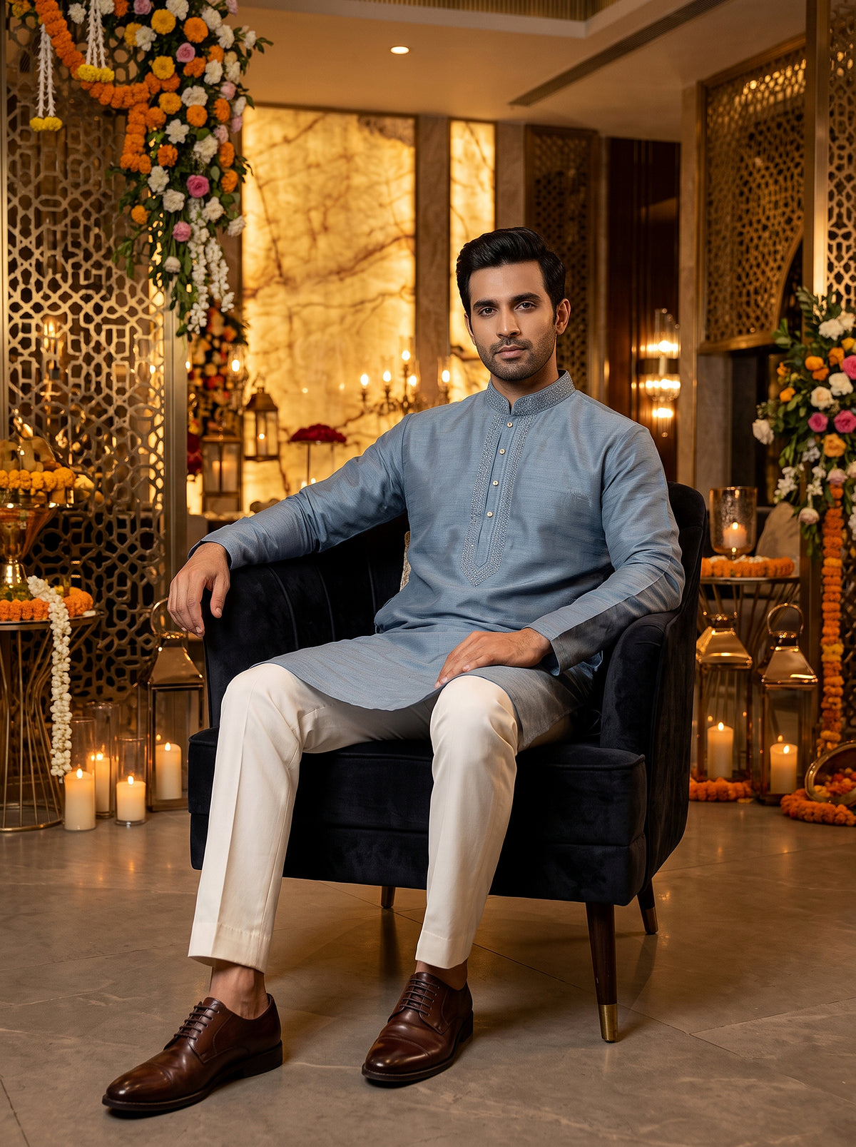 Subtle Elegance | Slate Blue Embroidered Cotton Silk Kurta Set | Palkhi Fashion