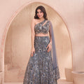 Starlight Siren | Slate Grey Mermaid Net Lehenga with Cutdana & Attached Dupatta | Palkhi Fashion