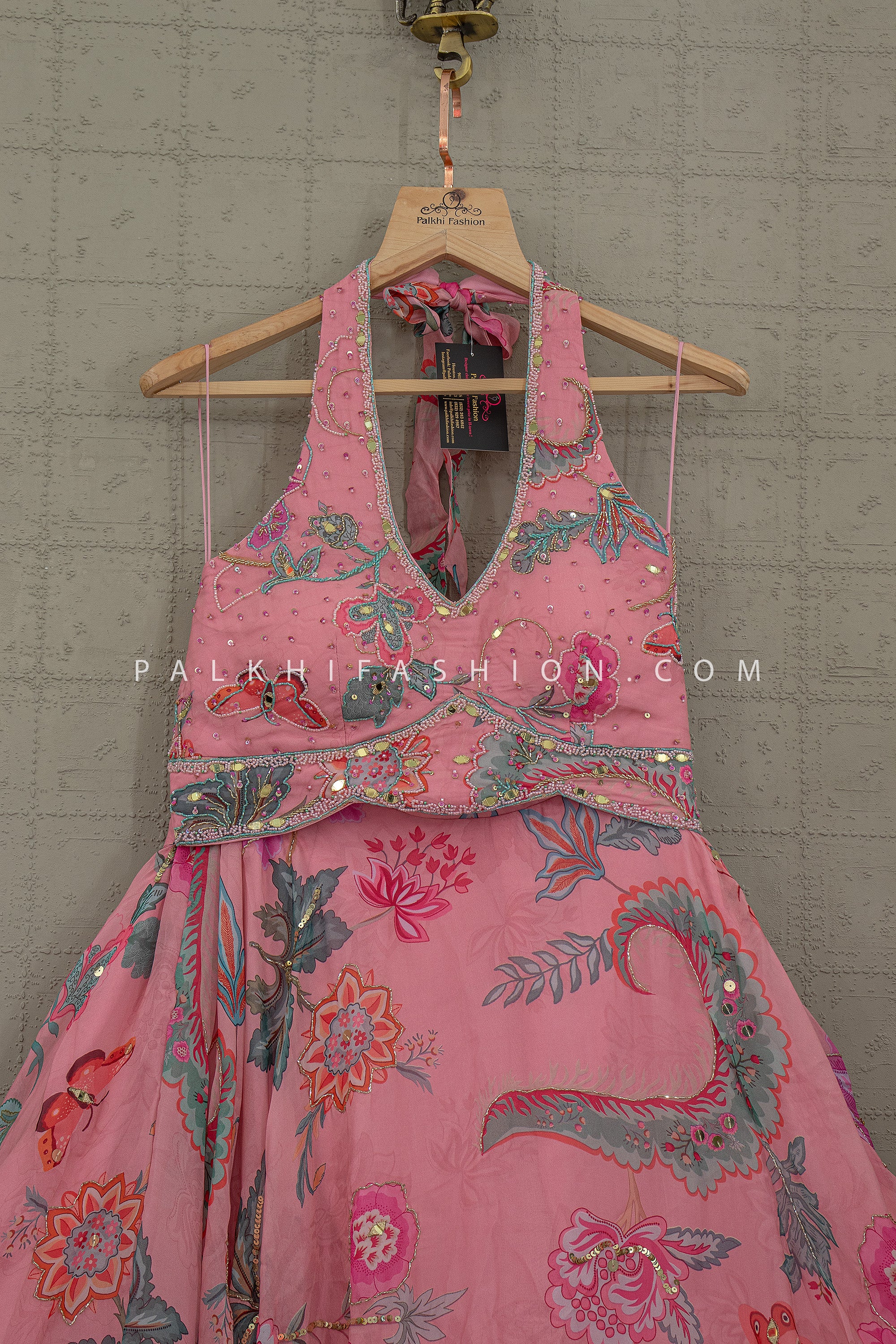 Soft Bloom Edit – Floral Printed Lehenga Set with Bead and Halter Blouse – Palkhi Fashion - Palkhi Fashion