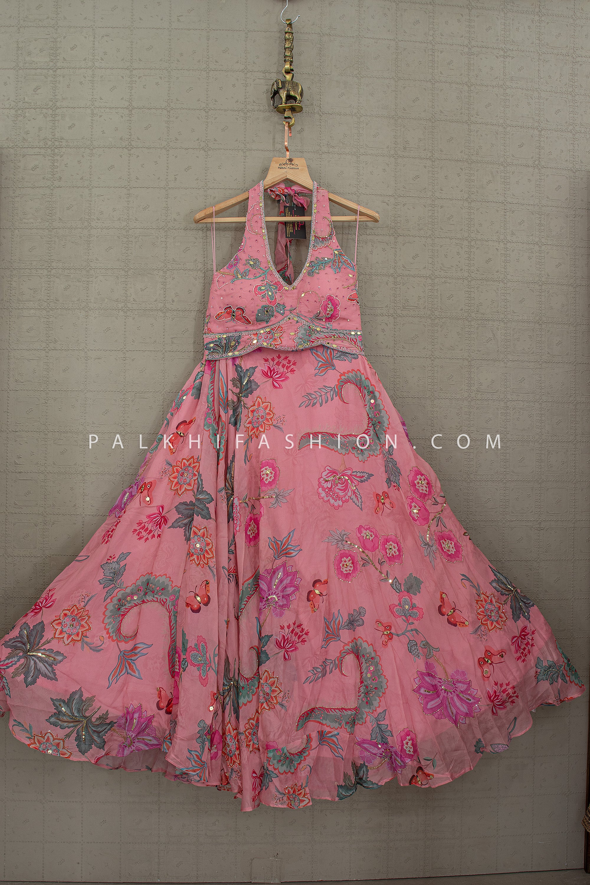 Soft Bloom Edit – Floral Printed Lehenga Set with Bead and Halter Blouse – Palkhi Fashion - Palkhi Fashion