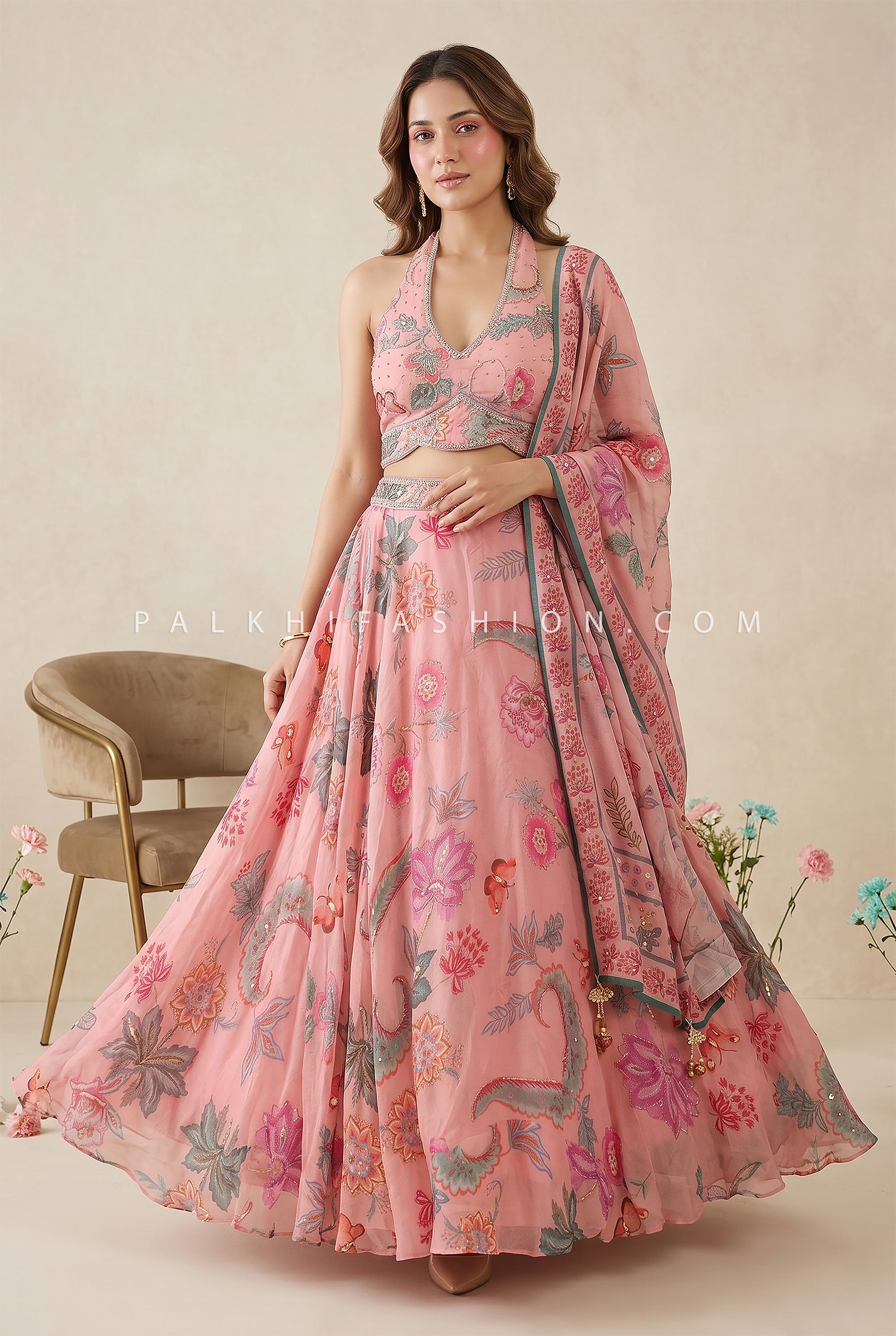 Soft Bloom Edit – Floral Printed Lehenga Set with Bead and Halter Blouse – Palkhi Fashion - Palkhi Fashion