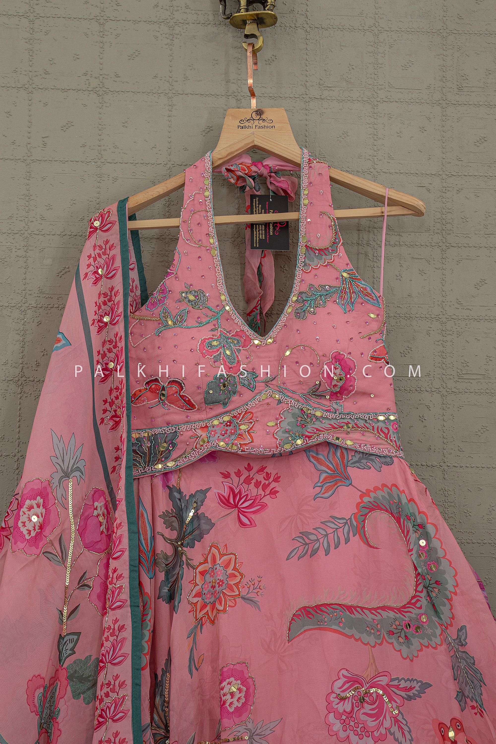 Soft Bloom Edit – Floral Printed Lehenga Set with Bead and Halter Blouse – Palkhi Fashion - Palkhi Fashion
