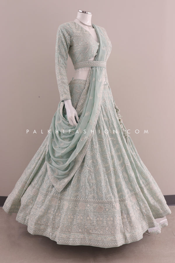 Soft and Serene: Pastel Green Chikankari work Lehenga Choli