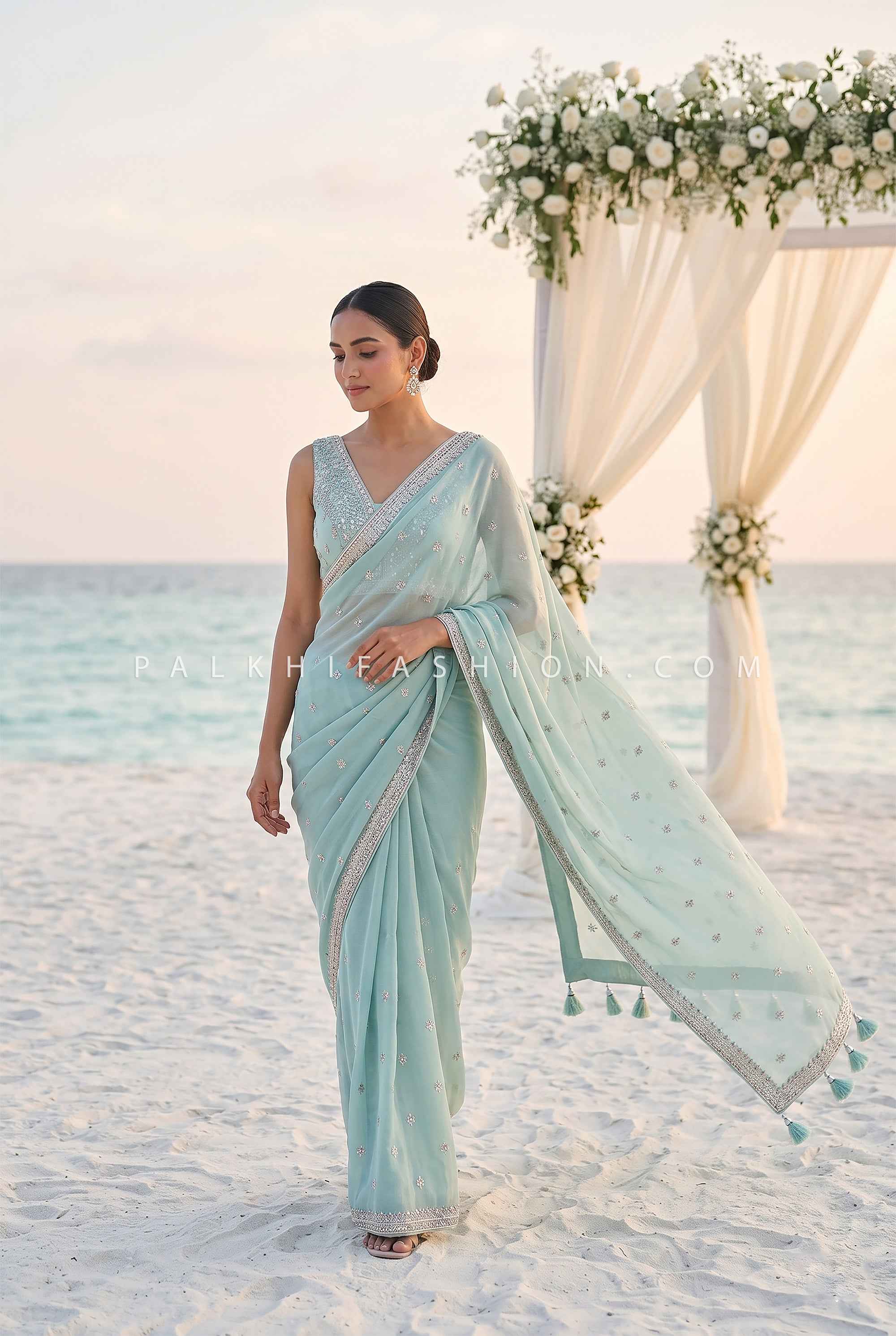 Sea Mist – Aqua Mint Designer Saree with Elegant Embroidered Blouse | Palkhi Fashion