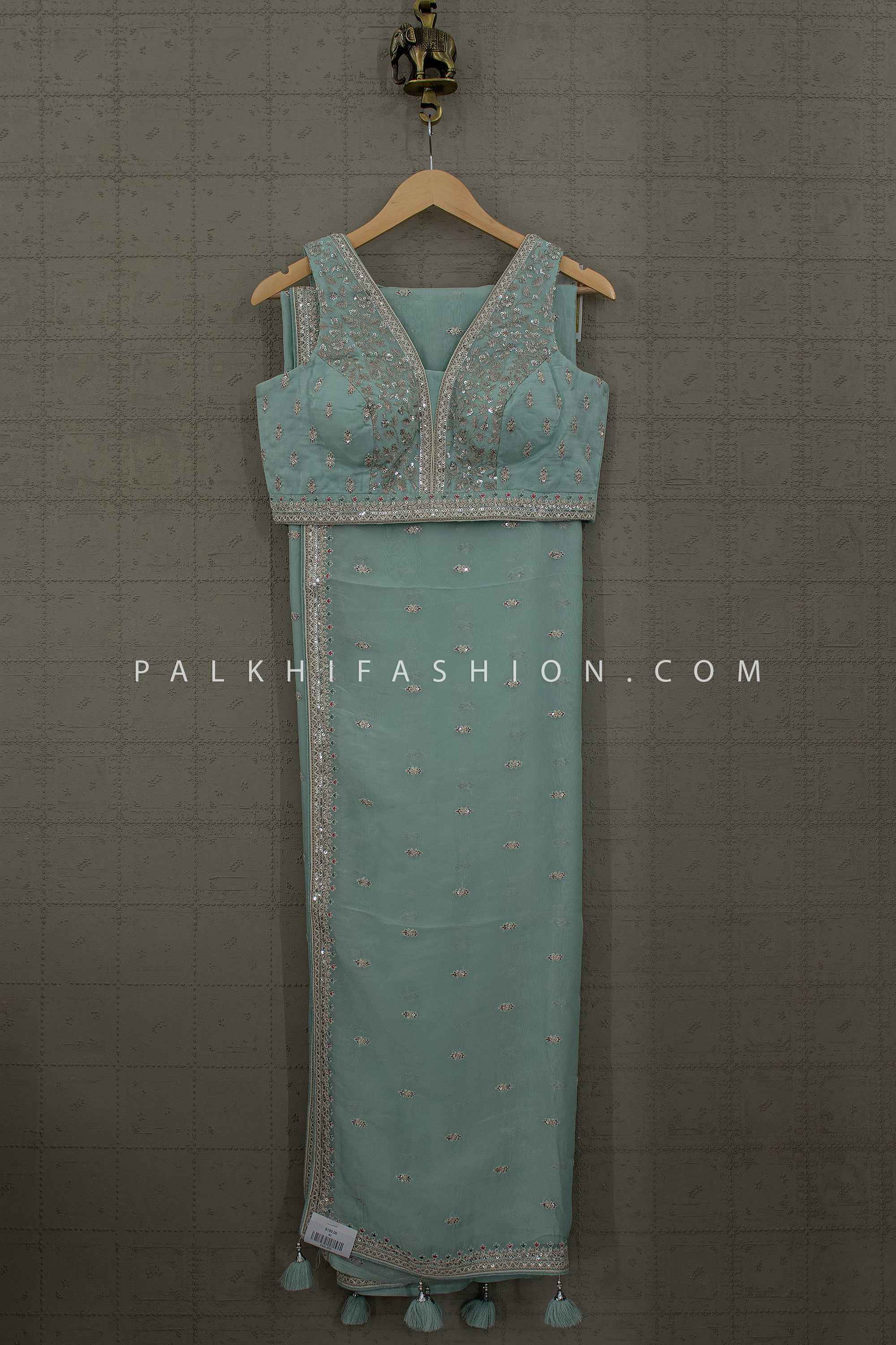 Sea Mist – Aqua Mint Designer Saree with Elegant Embroidered Blouse | Palkhi Fashion