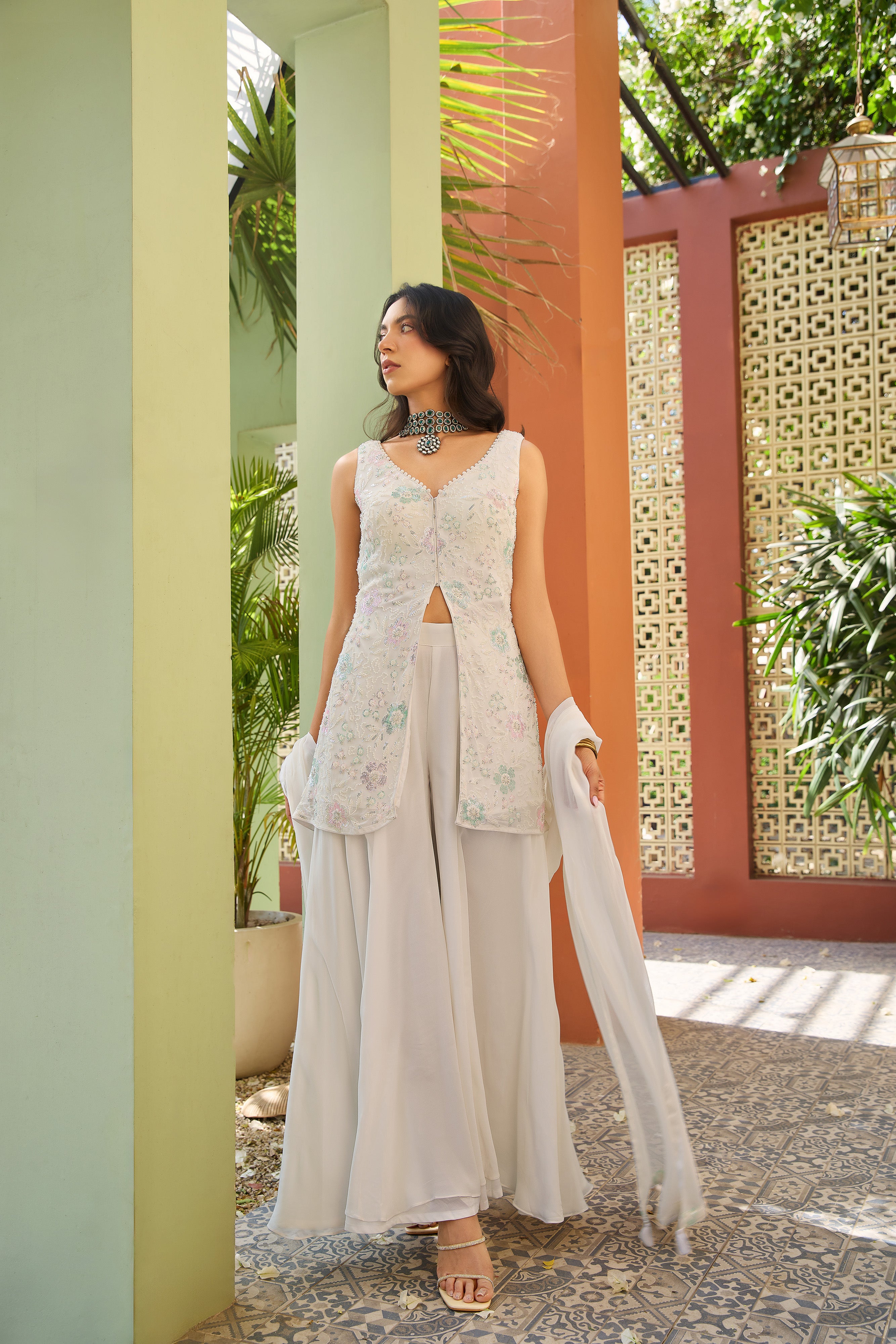 ✨ Spotlight Chic: White Indo Western Palazzo Set with Beaded Embroidery – Palkhi Fashion