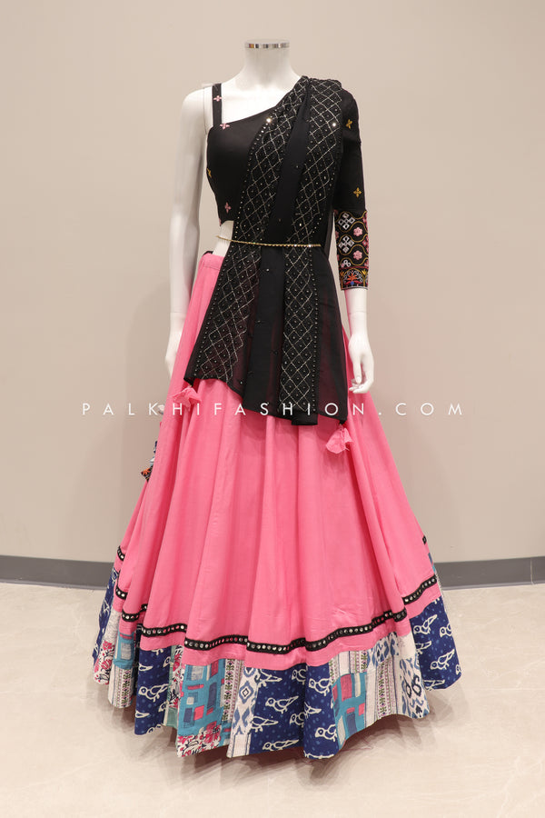 Stunning Black/Pink Navratri Chaniya Choli With One-Shoulder Blouse