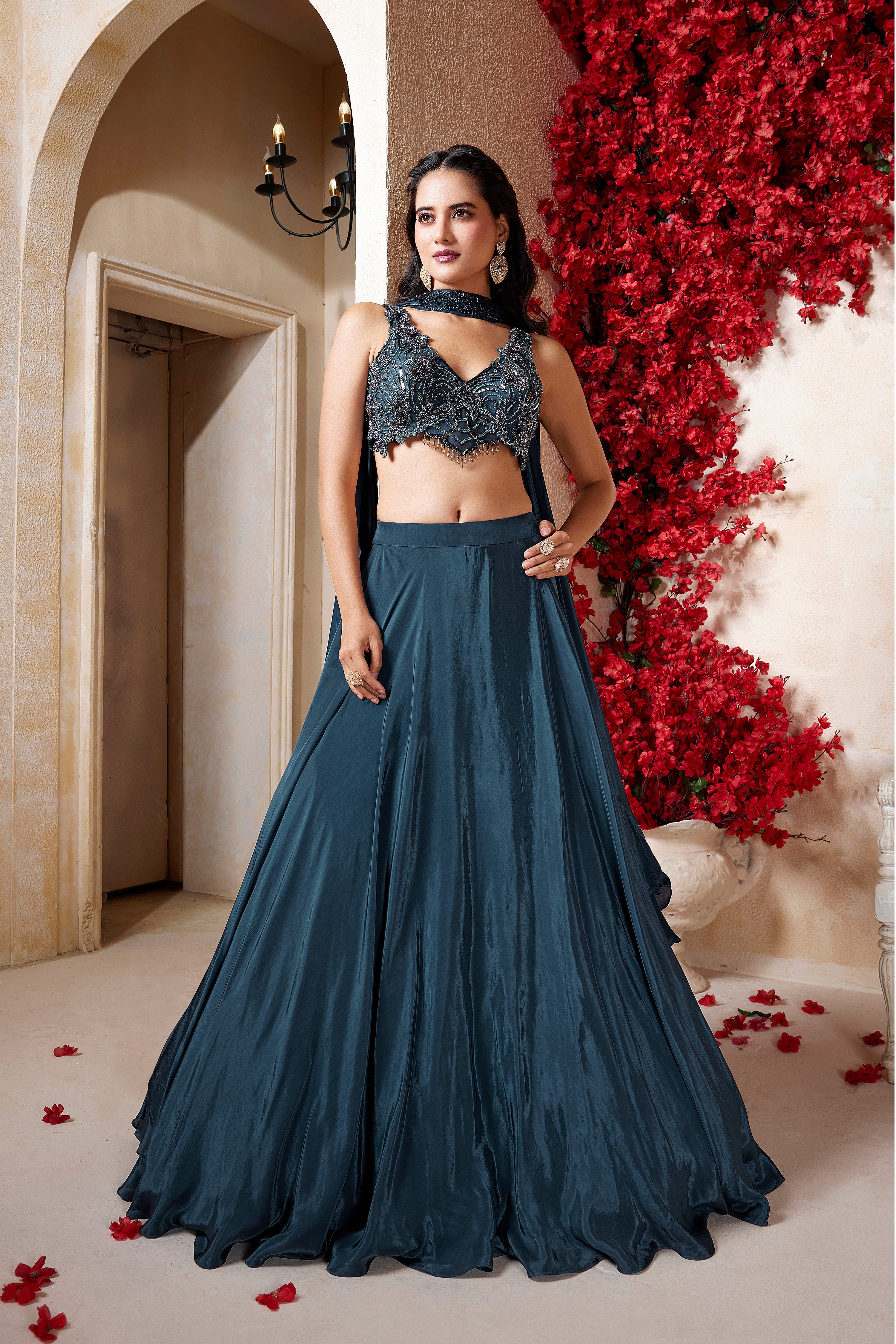 Stunning Petrol Blue Lehenga Choli Set with Cutwork & Handwork Blouse