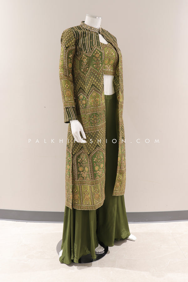 Stunning Mehndi Green Crop Top Palazzo With Jacket