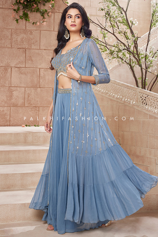 Stunning Powder Blue Crop Top Palazzo Outfit With Shrug