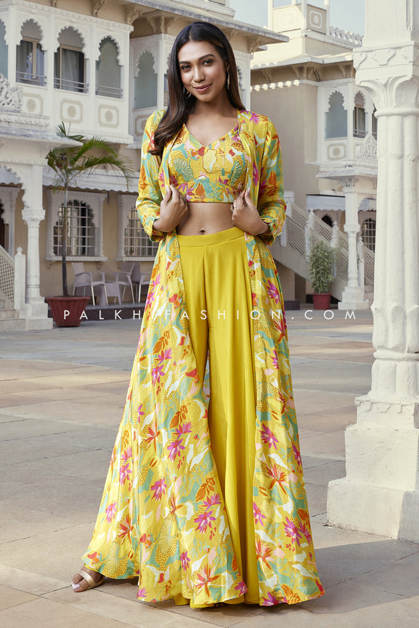 Stunning Yellow Crop Top Palazzo Outfit With Shrug