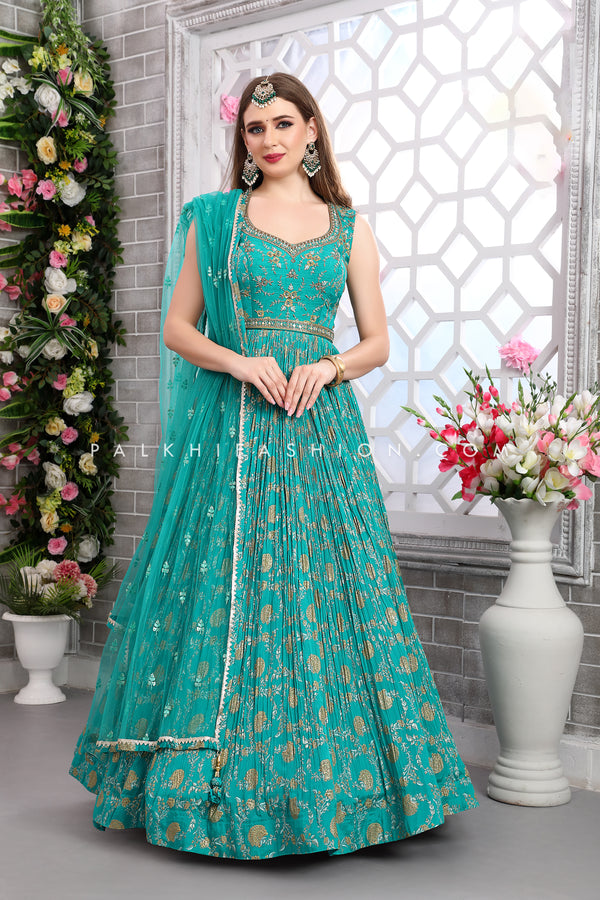 Stylish Teal Blue Indian Outfit with Attractive Designs & Work