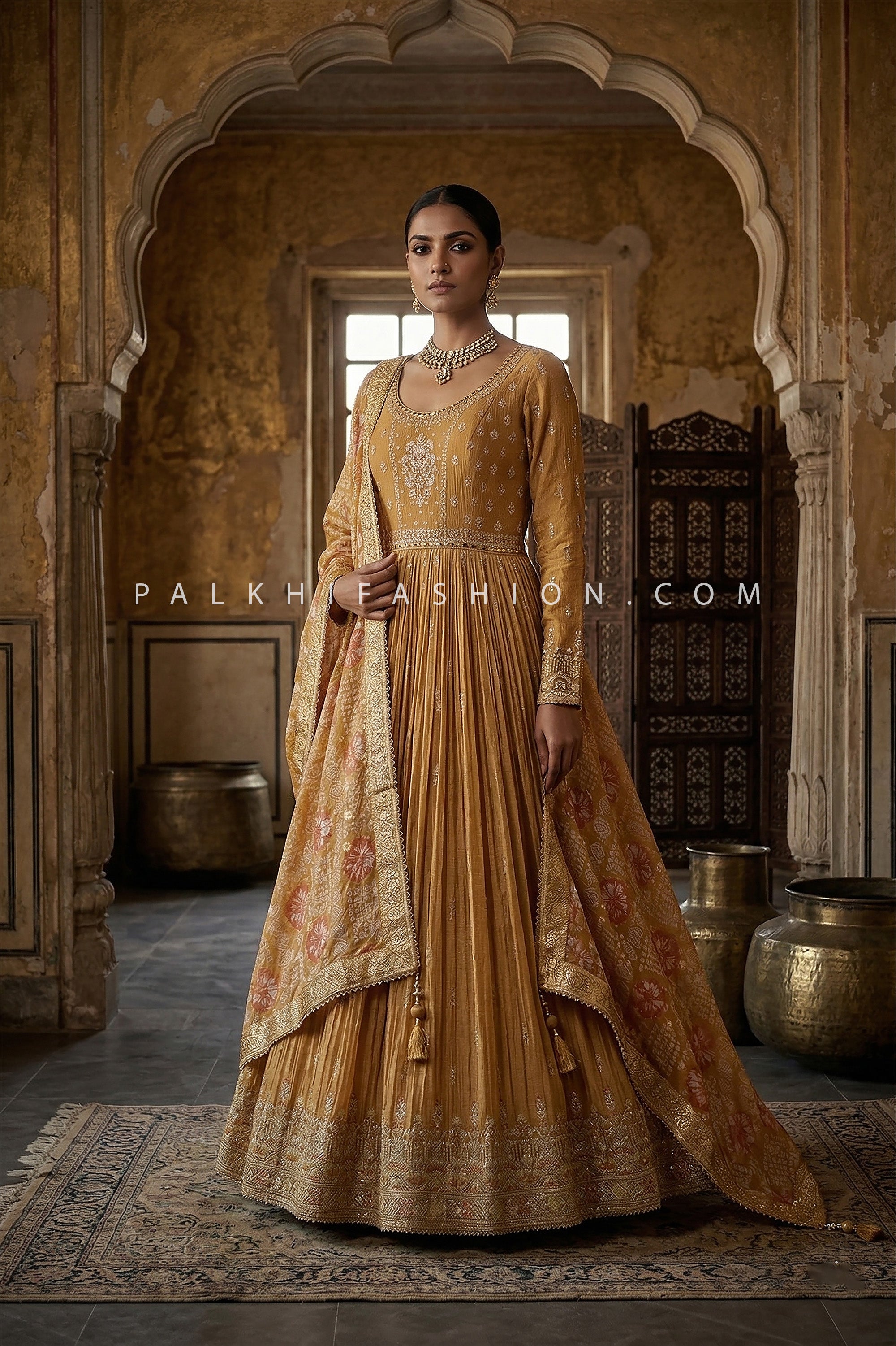 Sunlit Heritage Glow – Mustard Chinon Silk Anarkali Gown With Bandhani Silk Dupatta