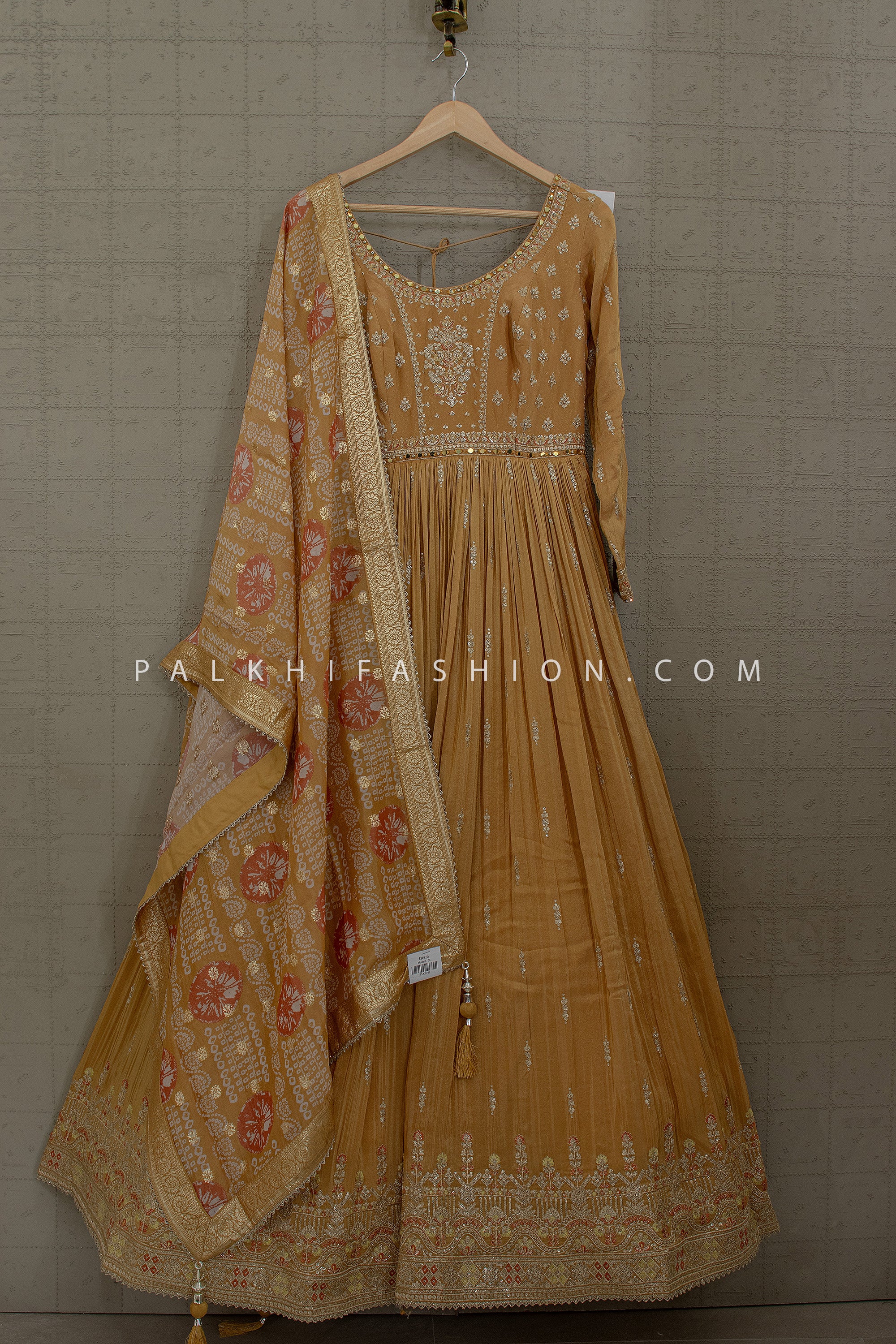 Sunlit Heritage Glow – Mustard Chinon Silk Anarkali Gown With Bandhani Silk Dupatta