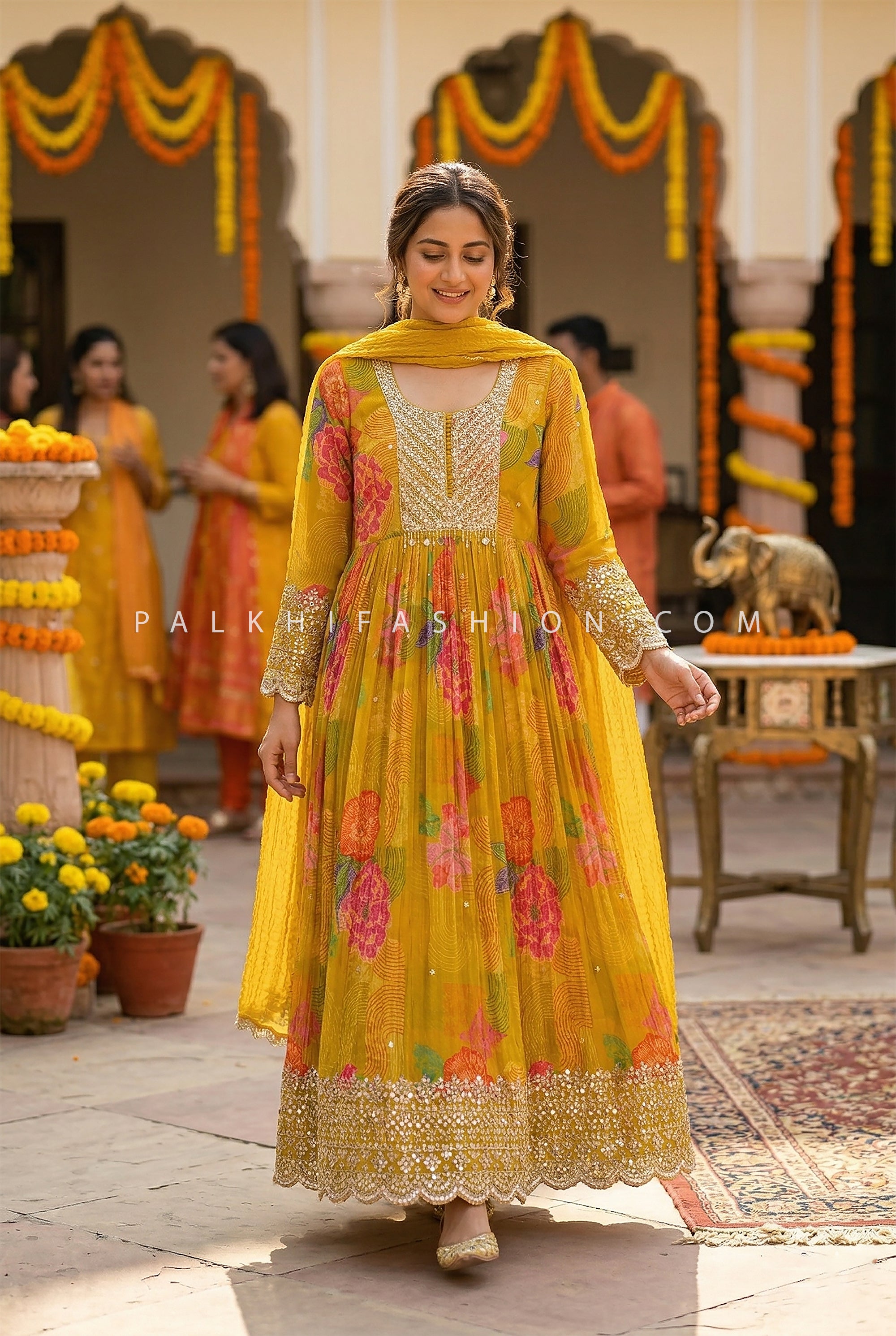 Sunlit Mustard Bloom – Light Mustard Floral Anarkali Suit Beads & Mirrors – Palkhi Fashion