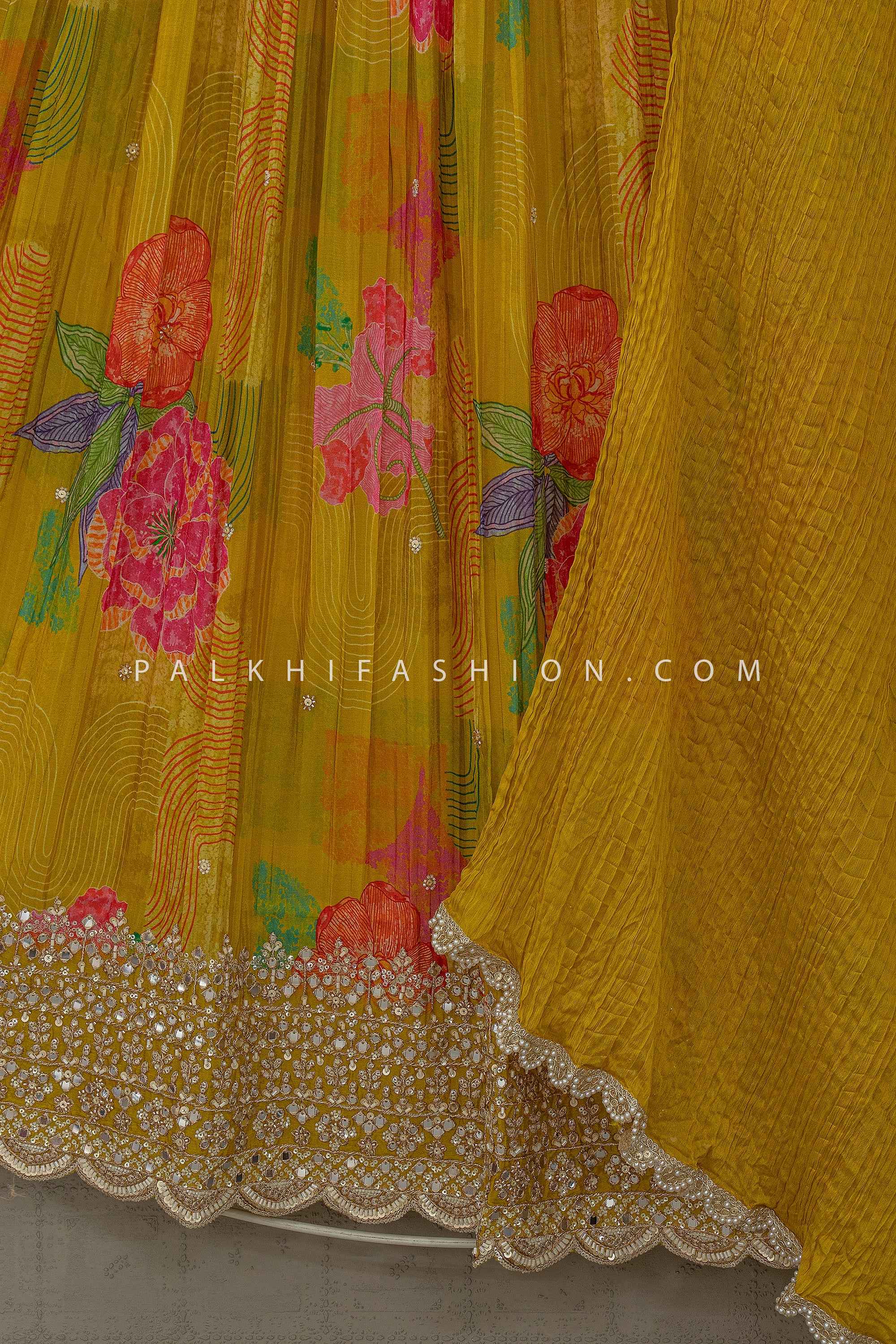 Sunlit Mustard Bloom – Light Mustard Floral Anarkali Suit Beads & Mirrors – Palkhi Fashion
