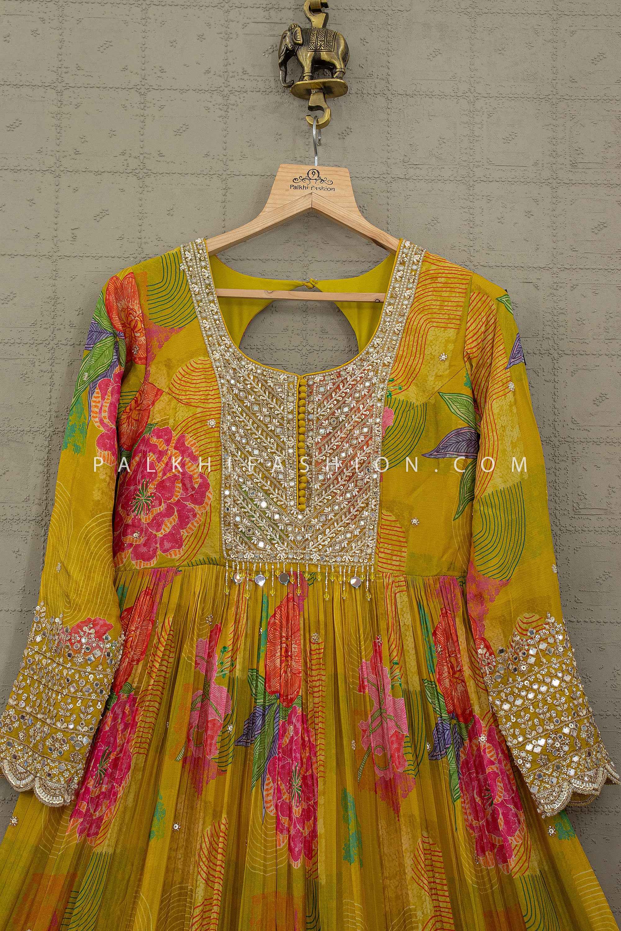 Sunlit Mustard Bloom – Light Mustard Floral Anarkali Suit Beads & Mirrors – Palkhi Fashion