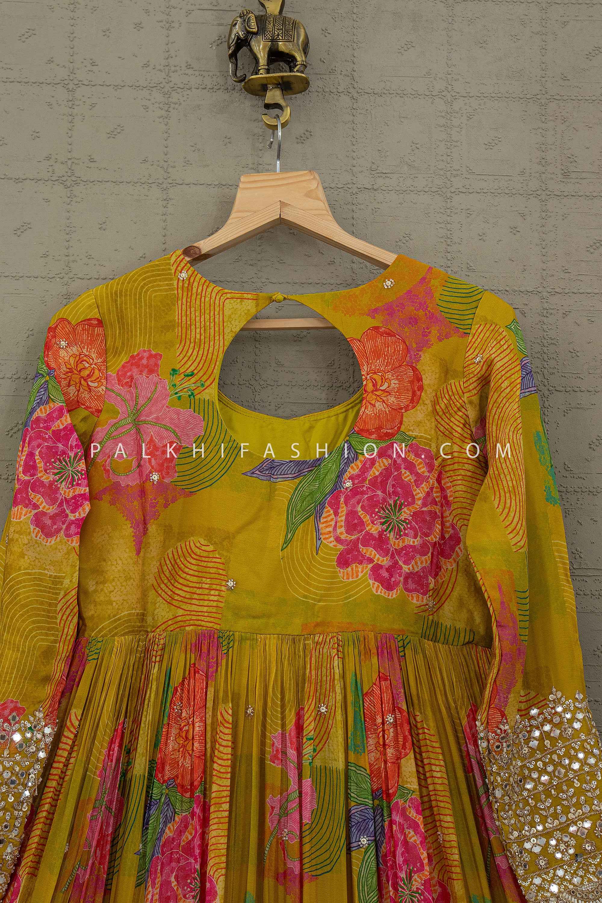 Sunlit Mustard Bloom – Light Mustard Floral Anarkali Suit Beads & Mirrors – Palkhi Fashion