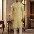 Sunlit Royal Grace – Yellow Jacquard Silk Kurta for Men | Palkhi Fashion
