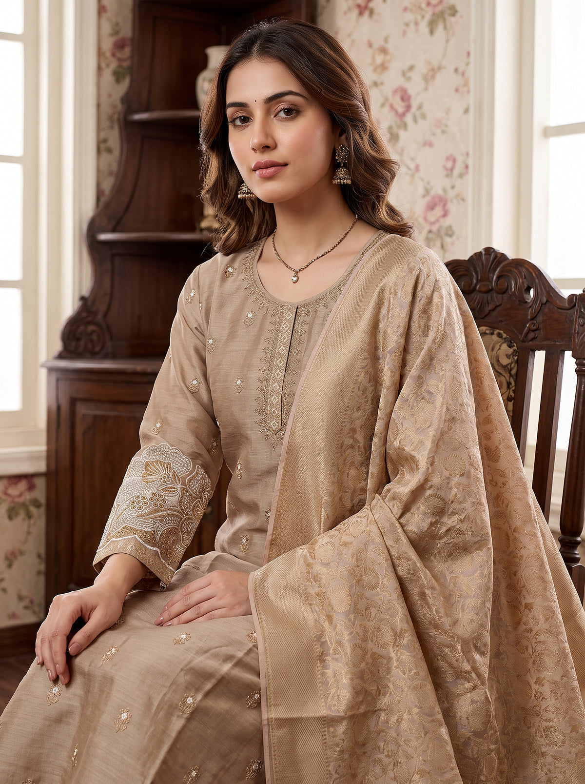 Ethereal Grace | Designer Taupe Beige Silk Kurta Set for Festive Wear | Palkhi Fashion