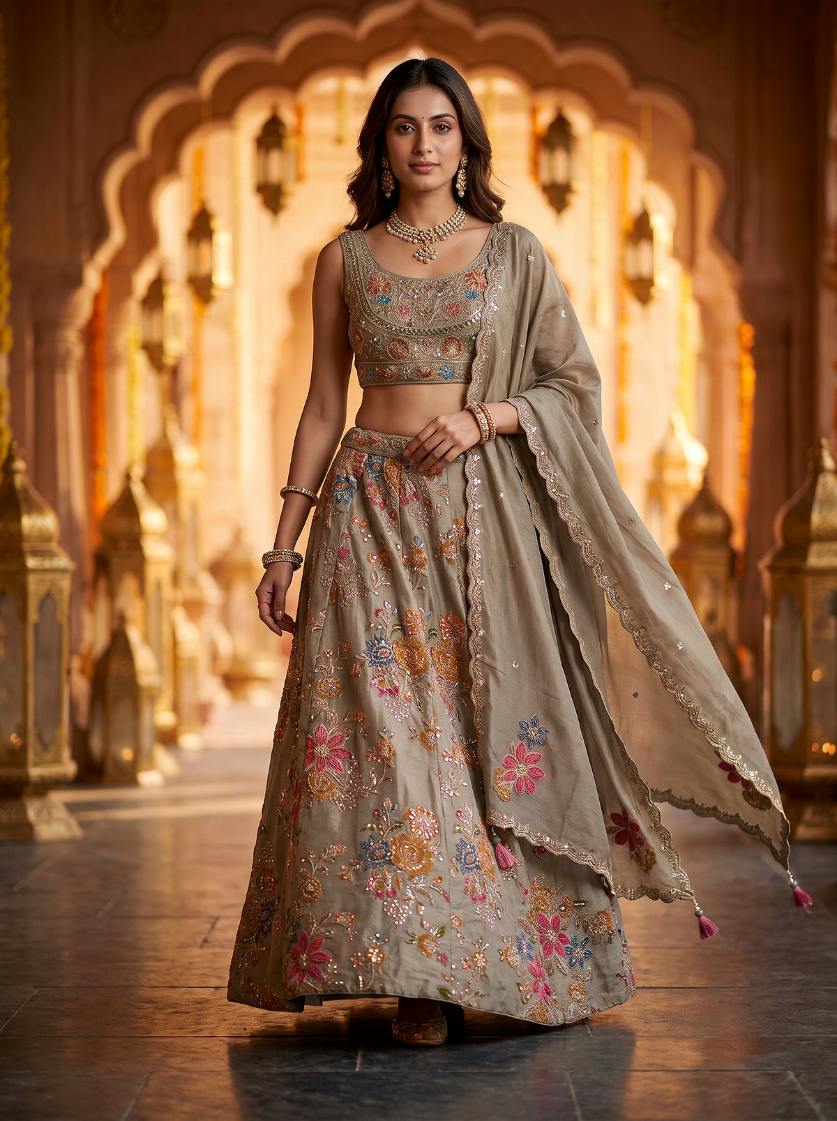 Floral Elegance | Sage Green Silk Blend Lehenga Choli with Multicolored Beadwork | Palkhi Fashion