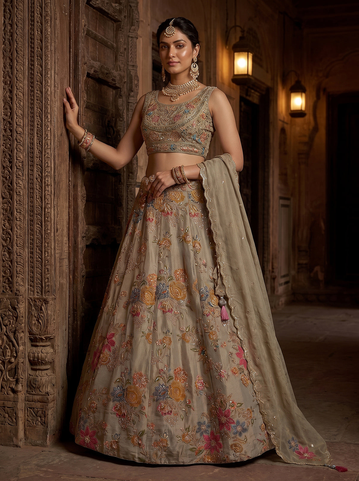 Floral Elegance | Sage Green Silk Blend Lehenga Choli with Multicolored Beadwork | Palkhi Fashion