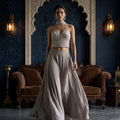 Ethereal Elegance | Taupe Grey Georgette Corset Palazzo Suit with Cutdana Work | Palkhi Fashion