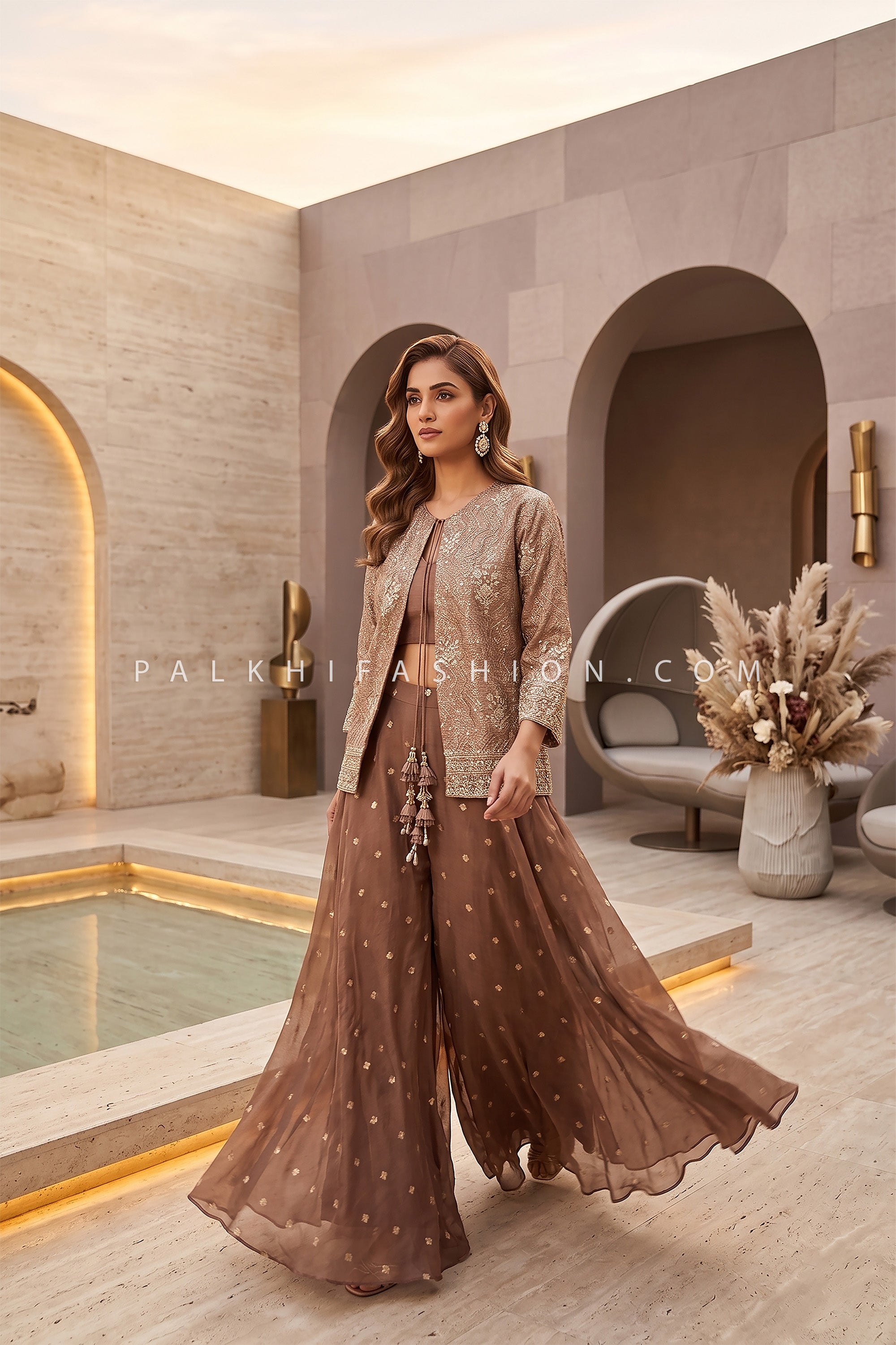 Taupe Luxe – Silk Weaving Hand worked Indo Western Palazzo Ensemble | Palkhi Fashion