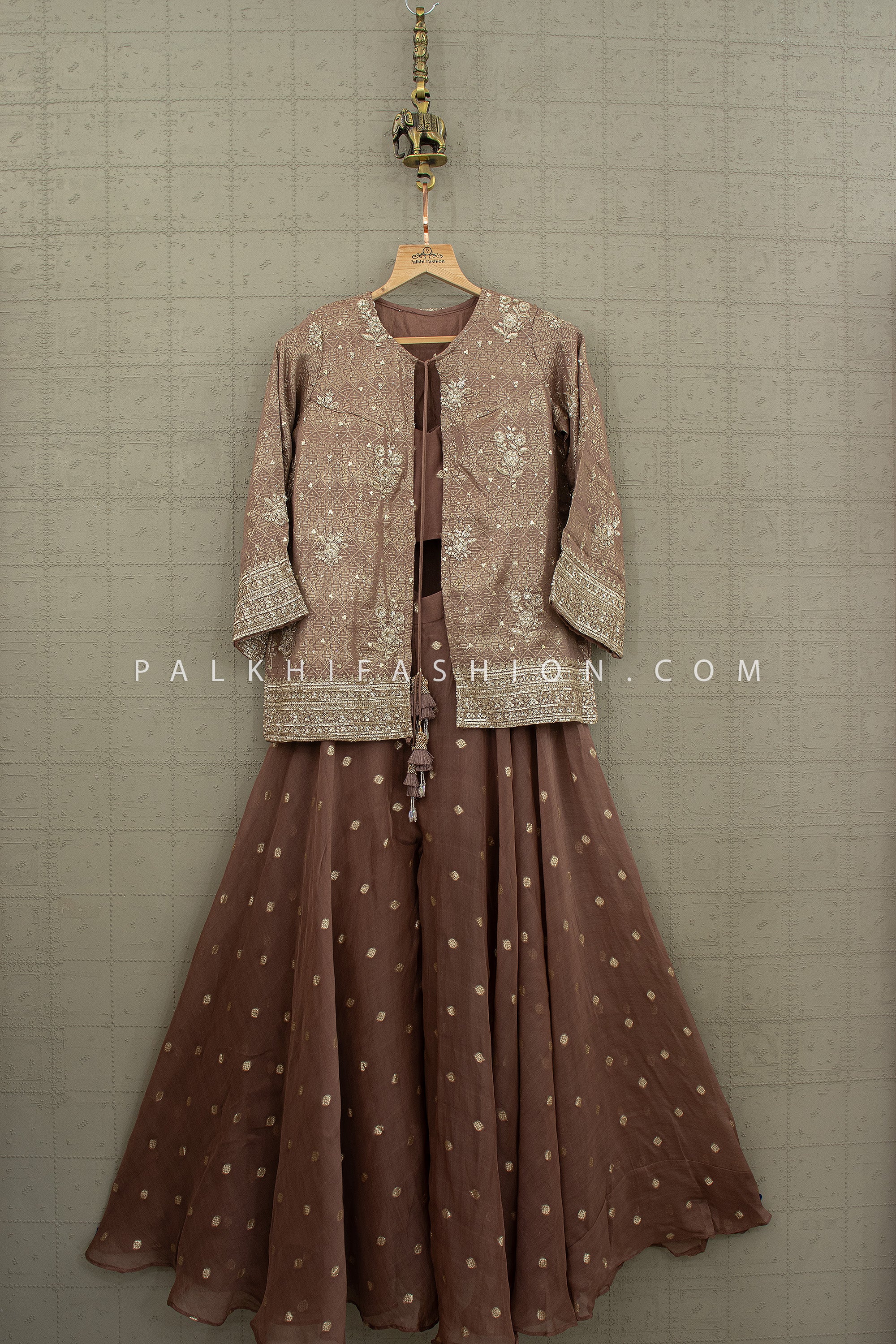 Taupe Luxe – Silk Weaving Hand worked Indo Western Palazzo Ensemble | Palkhi Fashion