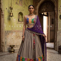 Heritage Mirror Luxe – Taupe Grey Navratri Chaniya Choli with Bandhani Dupatta | Palkhi Fashion