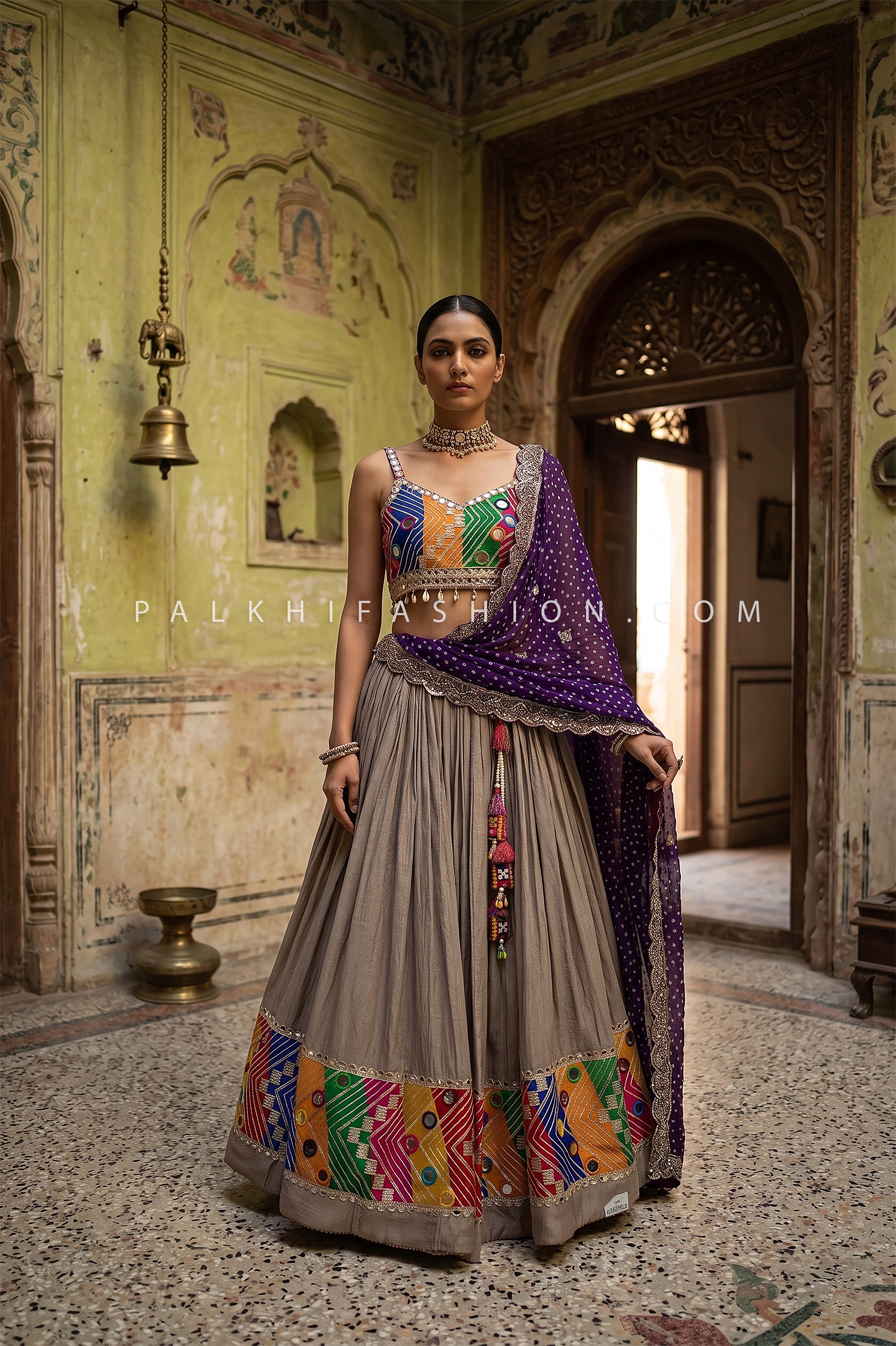Heritage Mirror Luxe – Taupe Grey Navratri Chaniya Choli with Bandhani Dupatta | Palkhi Fashion