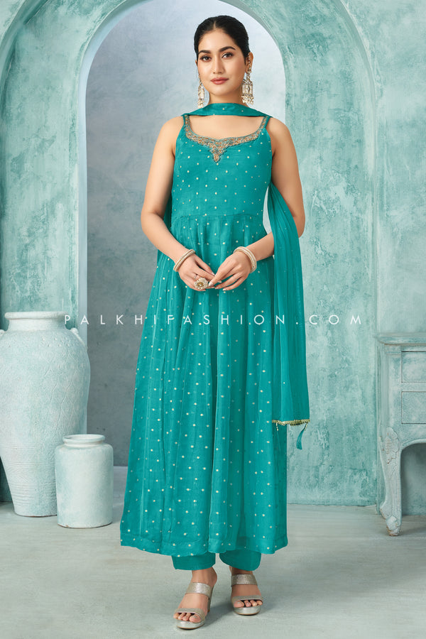 Teal Anarkali Suit with Elegant Embroidery & Handwork | Palkhi Fashion