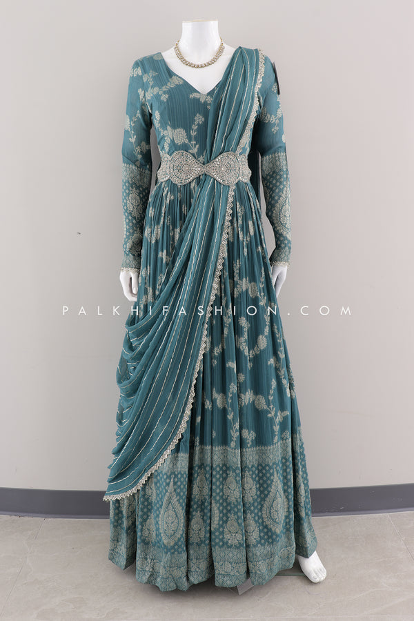 Teal Banarasi Georgette Anarkali Suit with Embroidery Work