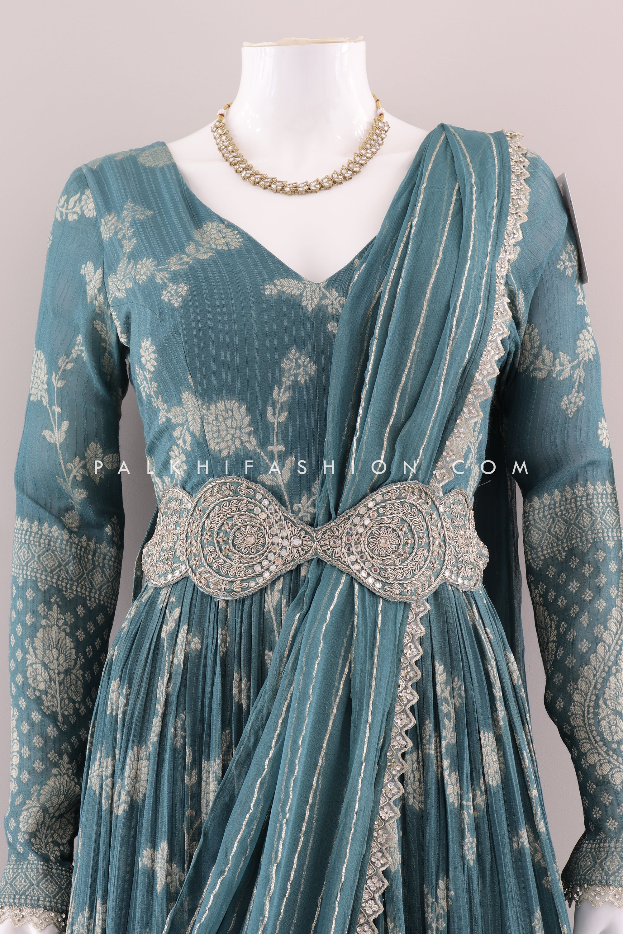 Teal Banarasi Georgette Anarkali Suit with Embroidery Work